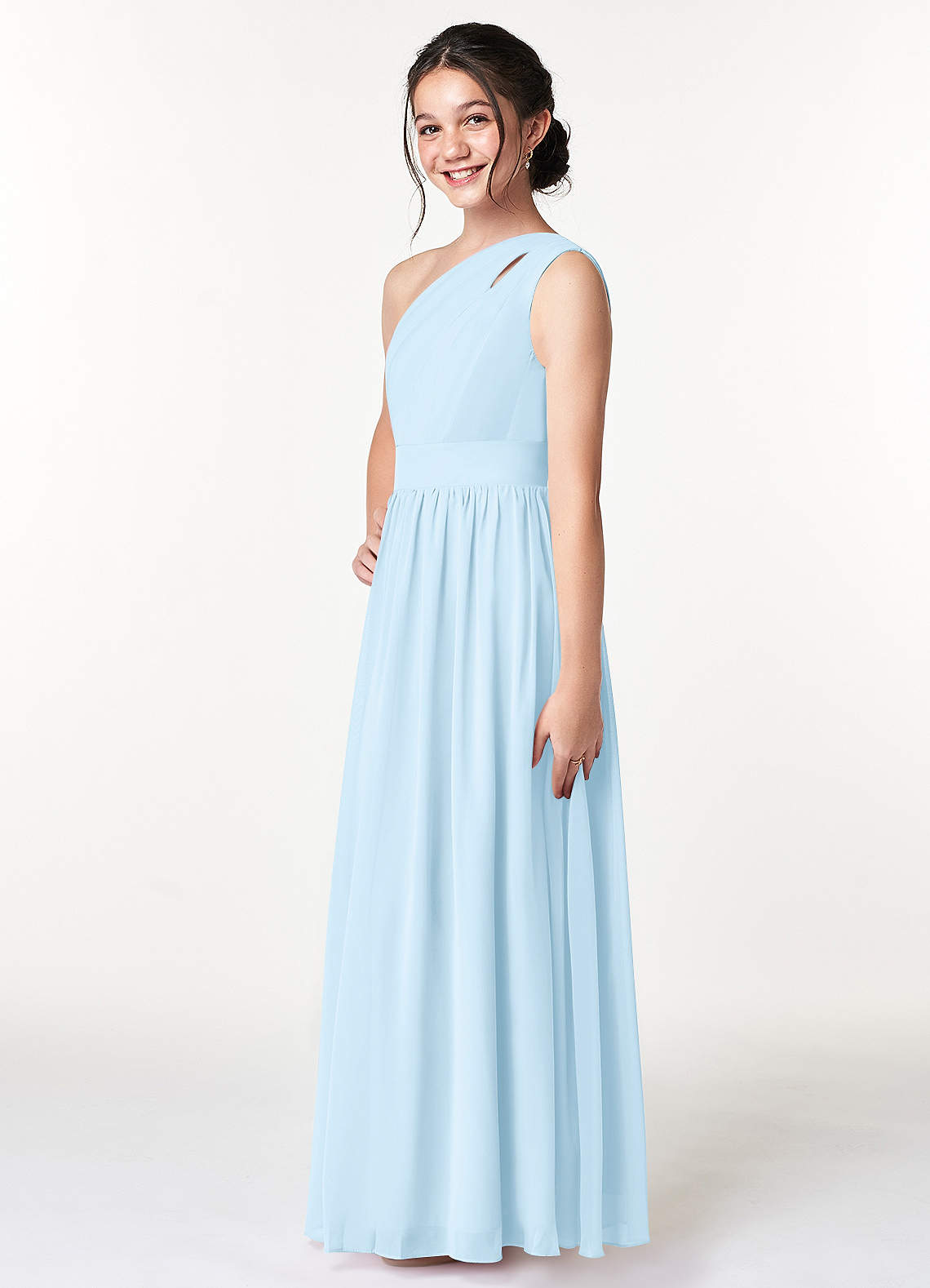 Azazie Molly Junior Vestido Céu Azul de Chiffon de Linha A com Plissado image3