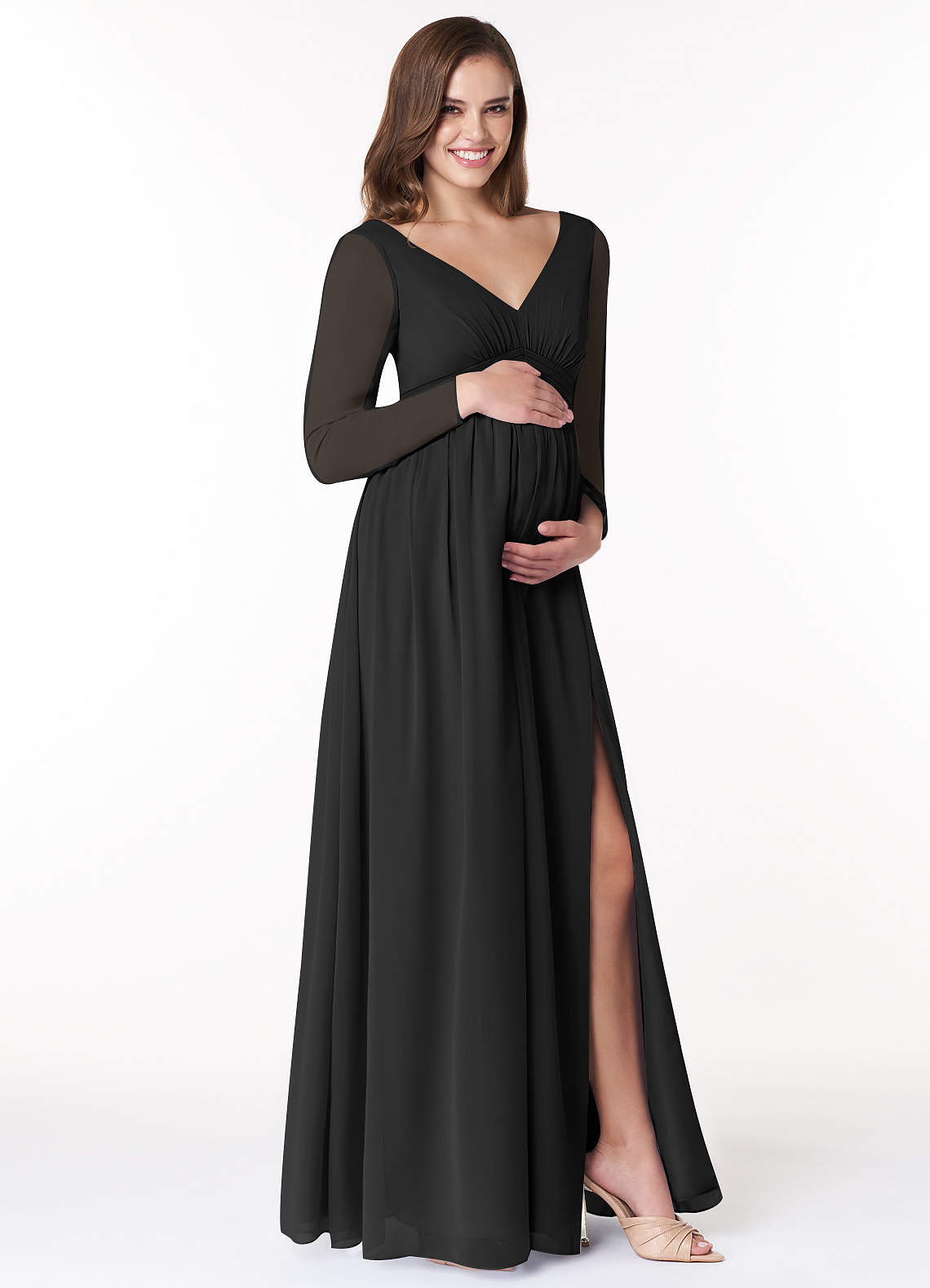 Azazie Teton Vestidos de dama de honra para maternidade Vestido Linha A Manga comprida Comprimento do chão Chiffon image3