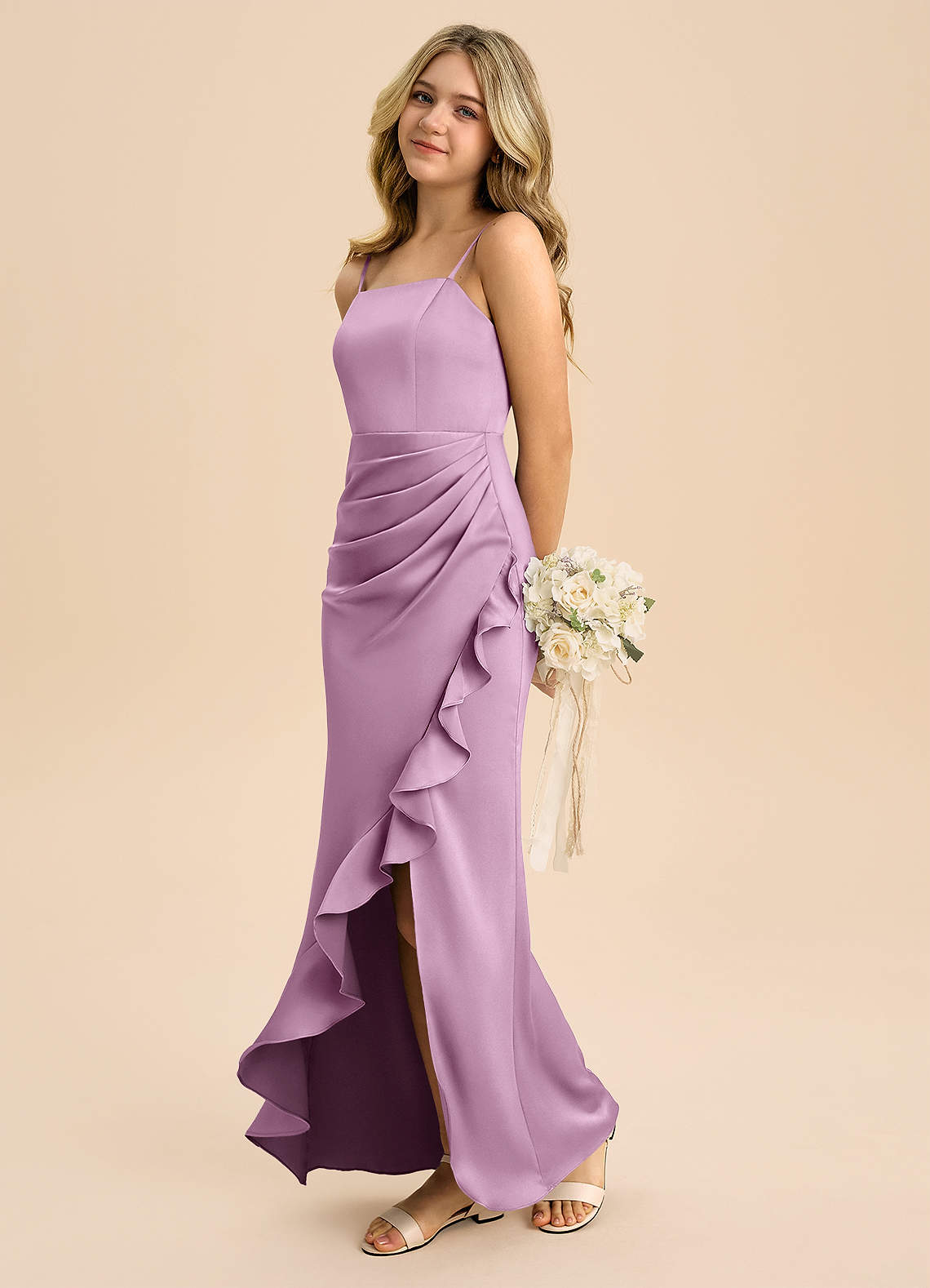 Azazie Buzzy Junior Wisteria Sheath Pleated Stretch Satin Dress image5