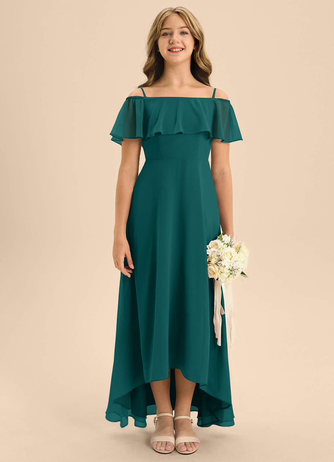 Azazie Maggie Junior Peacock A-Line Off the Shoulder Chiffon Dress image1
