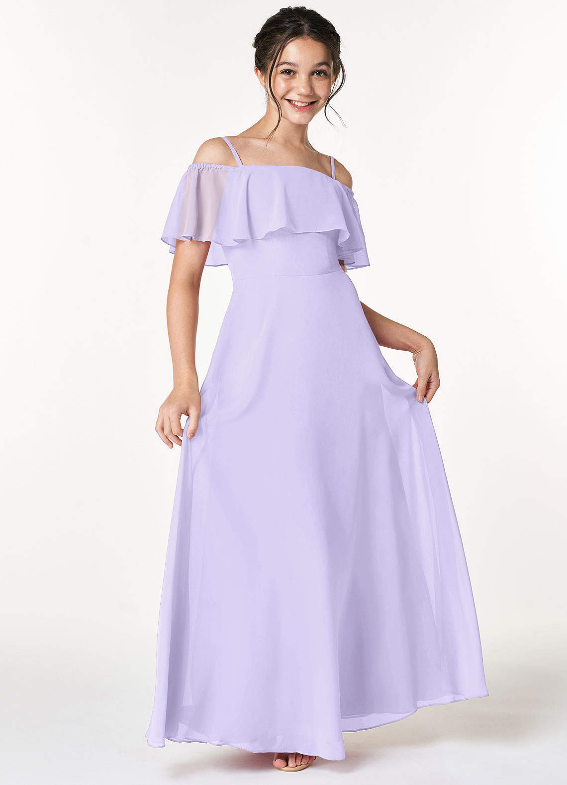 Azazie Maggie Junior Lilac A-Line Off the Shoulder Chiffon Dress image1