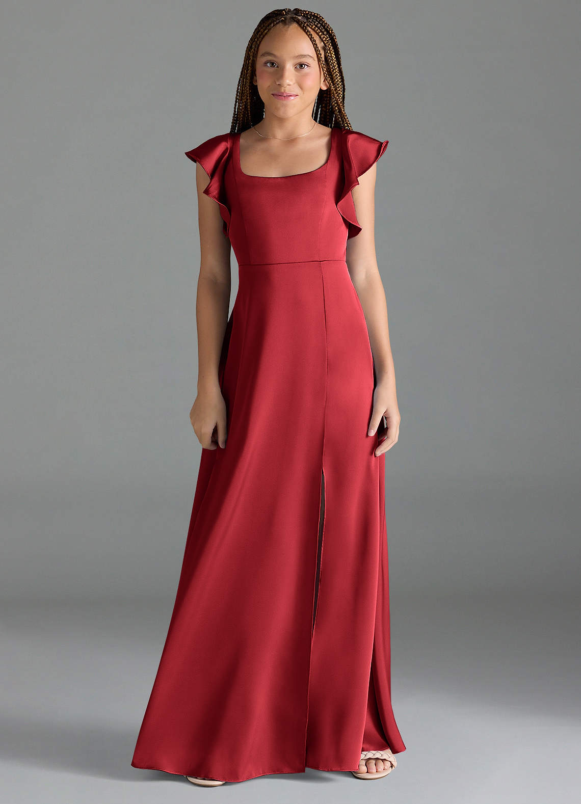 Azazie Bondi Junior Pomegranate A-Line Side Slit Stretch Satin Dress image1