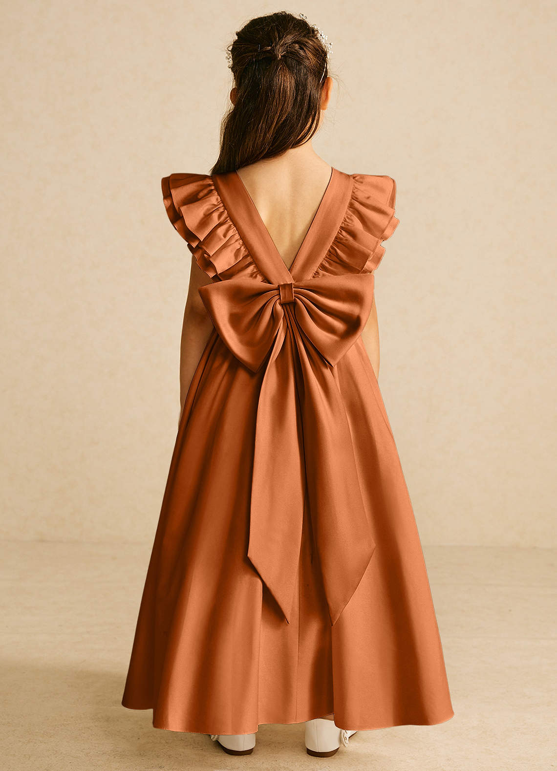 Azazie Piglette Flower Girl Dresses Copper A-Line Bow Matte Satin Dress image1