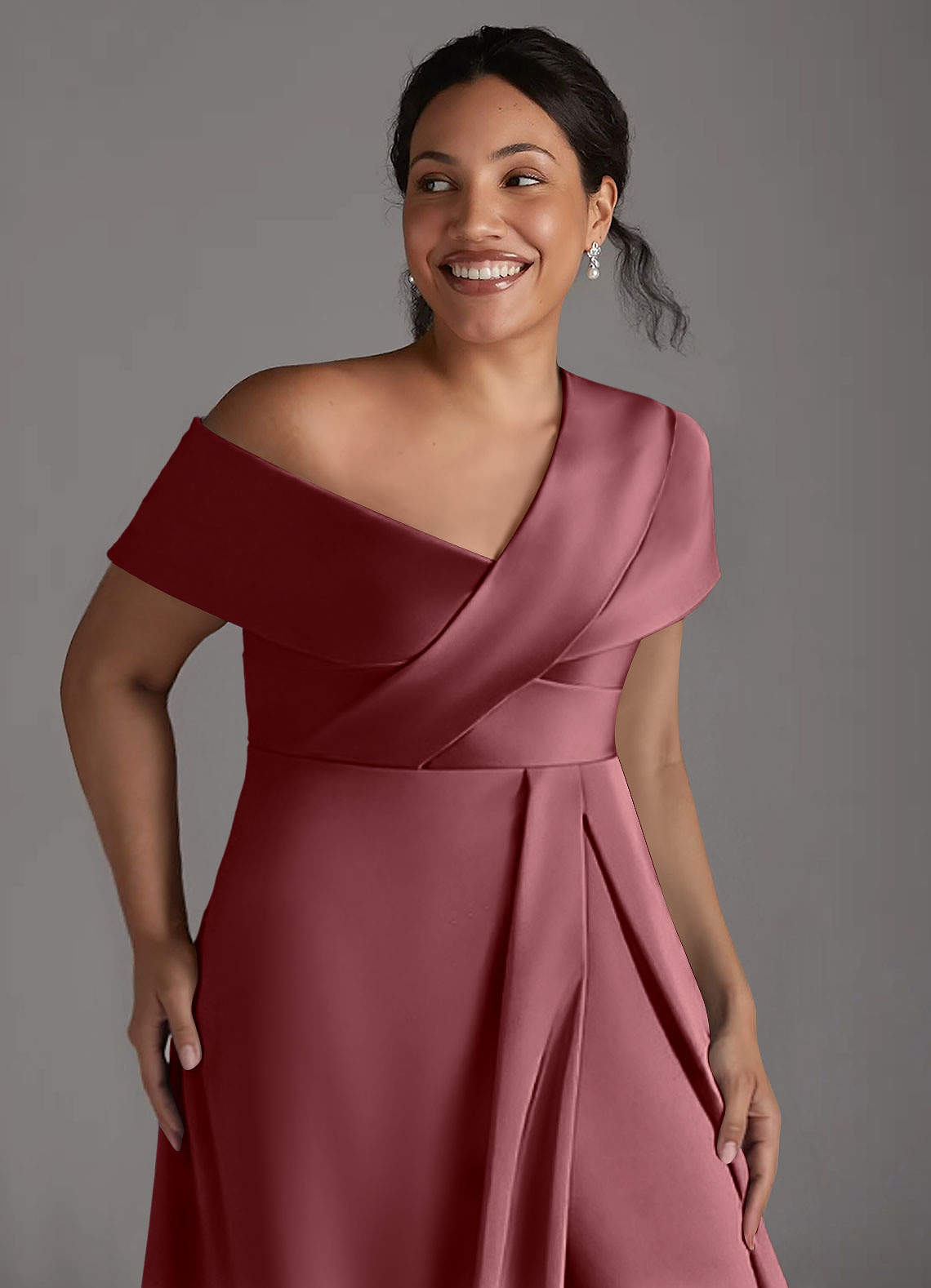 Azazie Milton Mother of the Bride Dresses Desert Rose A-Line Pleated Stretch Satin Dress image12