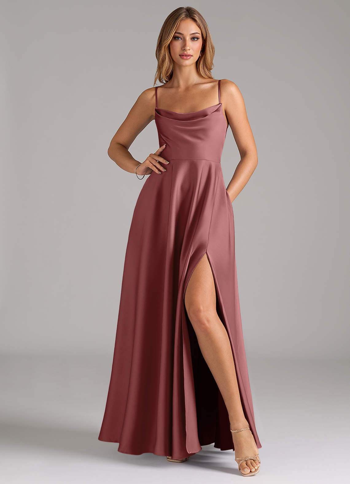 Azazie Elle Bridesmaid Dresses Amethyst A-Line Pleated Stretch Satin Dress image2