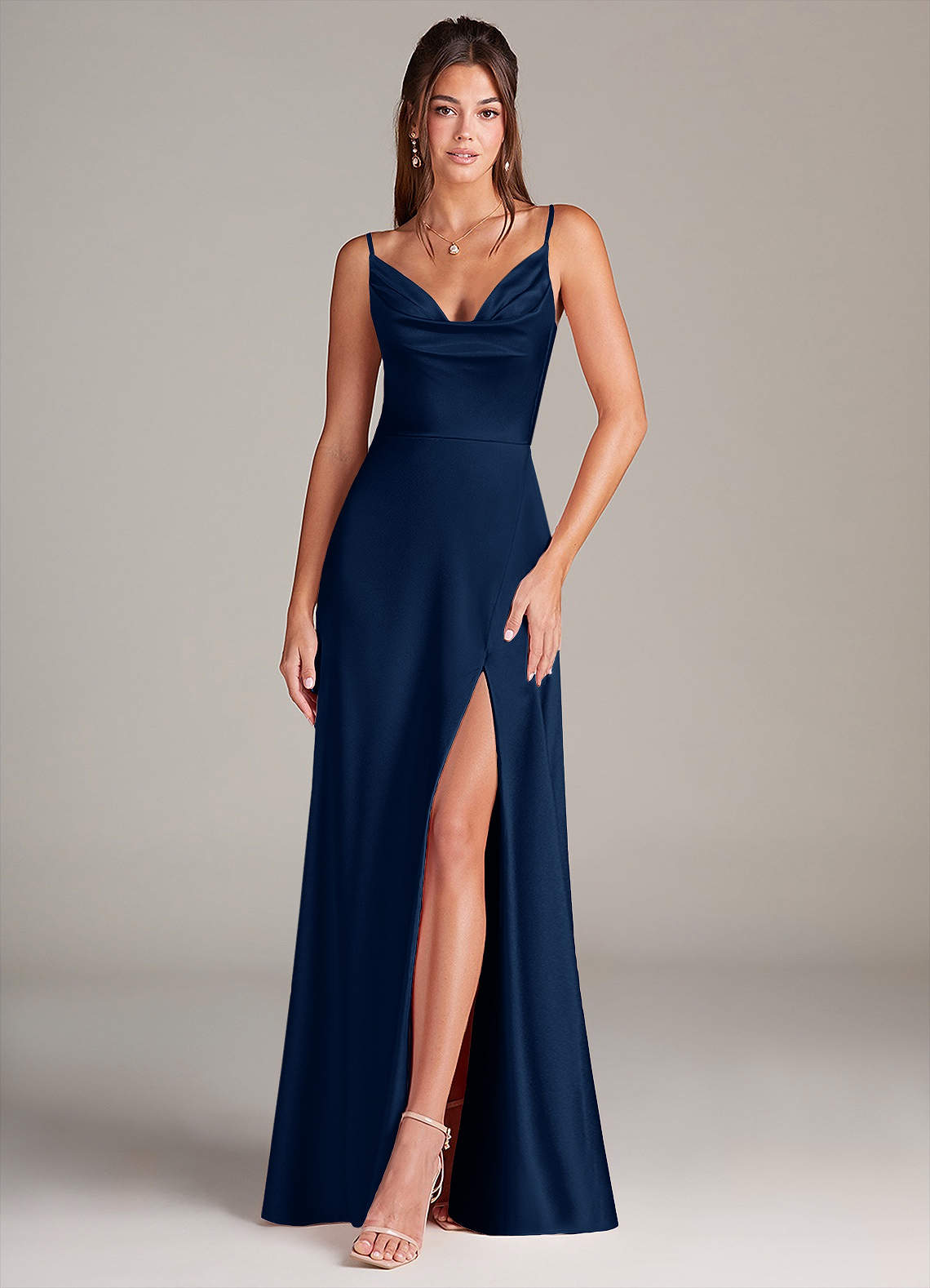 Azazie Sarella Bridesmaid Dresses Dark Navy A-Line Pleated Stretch Satin Dress image1