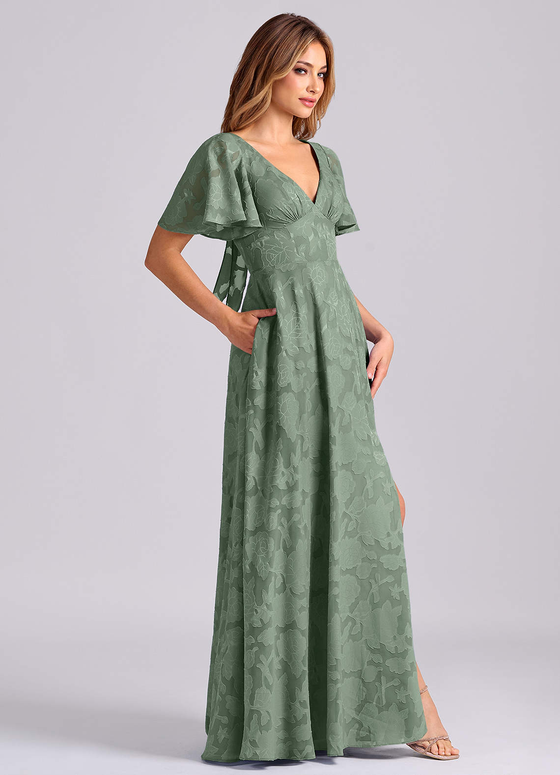 Azazie Kimber Bridesmaid Dresses Matcha A-Line with Pockets Floral Burnout Dress image2