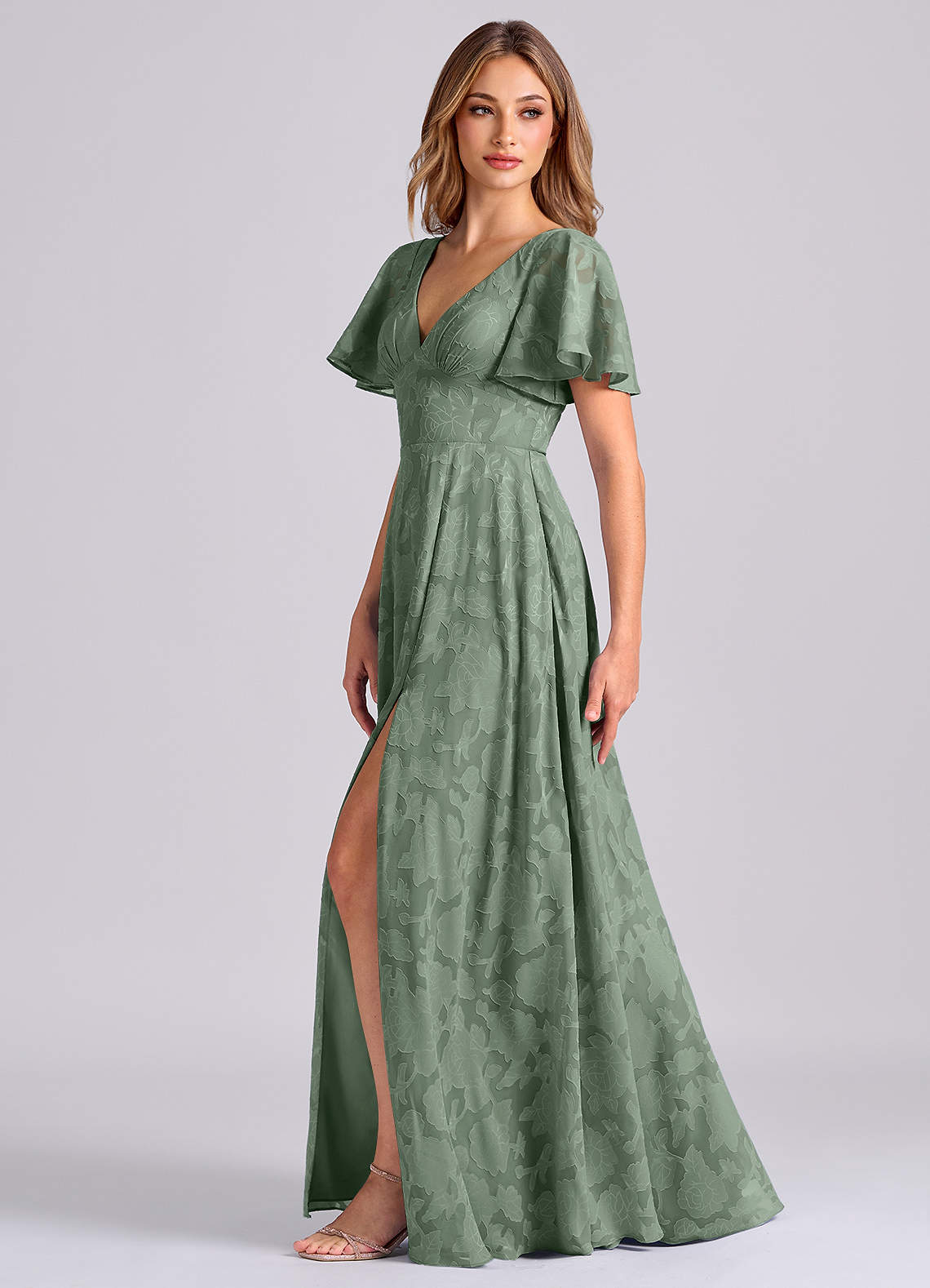 Azazie Kimber Bridesmaid Dresses Matcha A-Line with Pockets Floral Burnout Dress image4