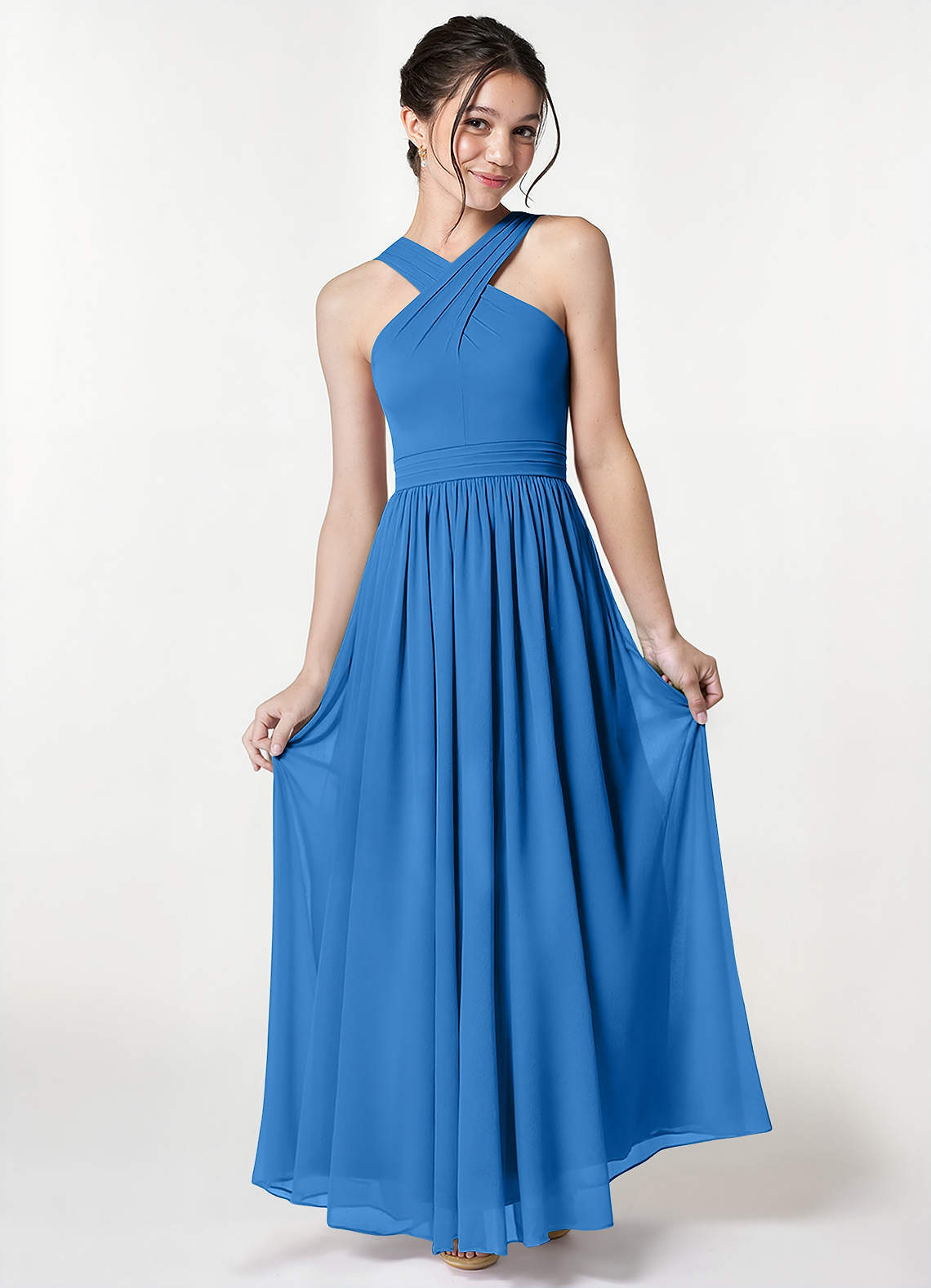Azazie Jiya Junior Blue Jay A-Line Pleated Mesh Dress image1