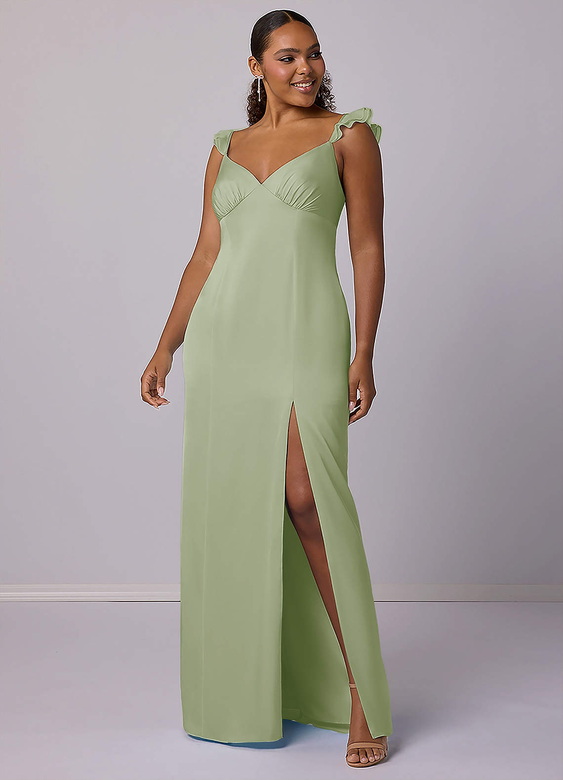 Barbie ♥ Azazie Bridesmaid Dresses Dusty Sage Sheath Stretch Satin Dress image5