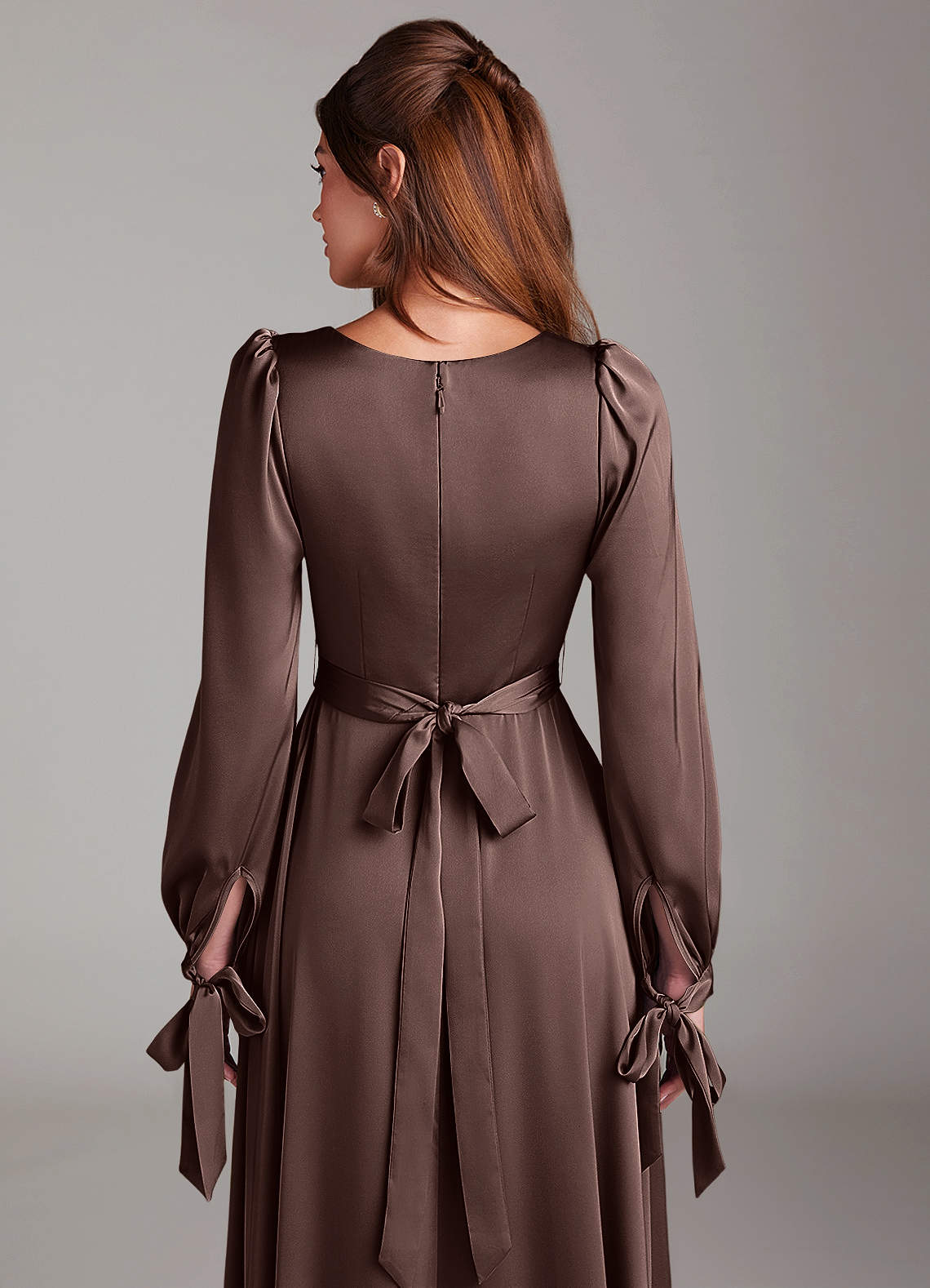 Azazie Leonia Bridesmaid Dresses Ganache A-Line Long Sleeve Stretch Satin Dress image6