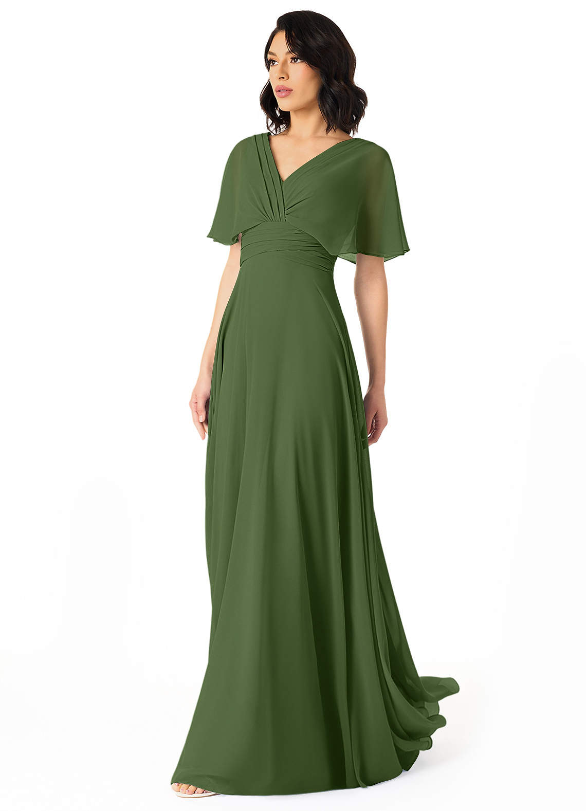 Azazie Pamela Bridesmaid Dresses Olive A-Line V-Neck Pleated Chiffon Dress image2