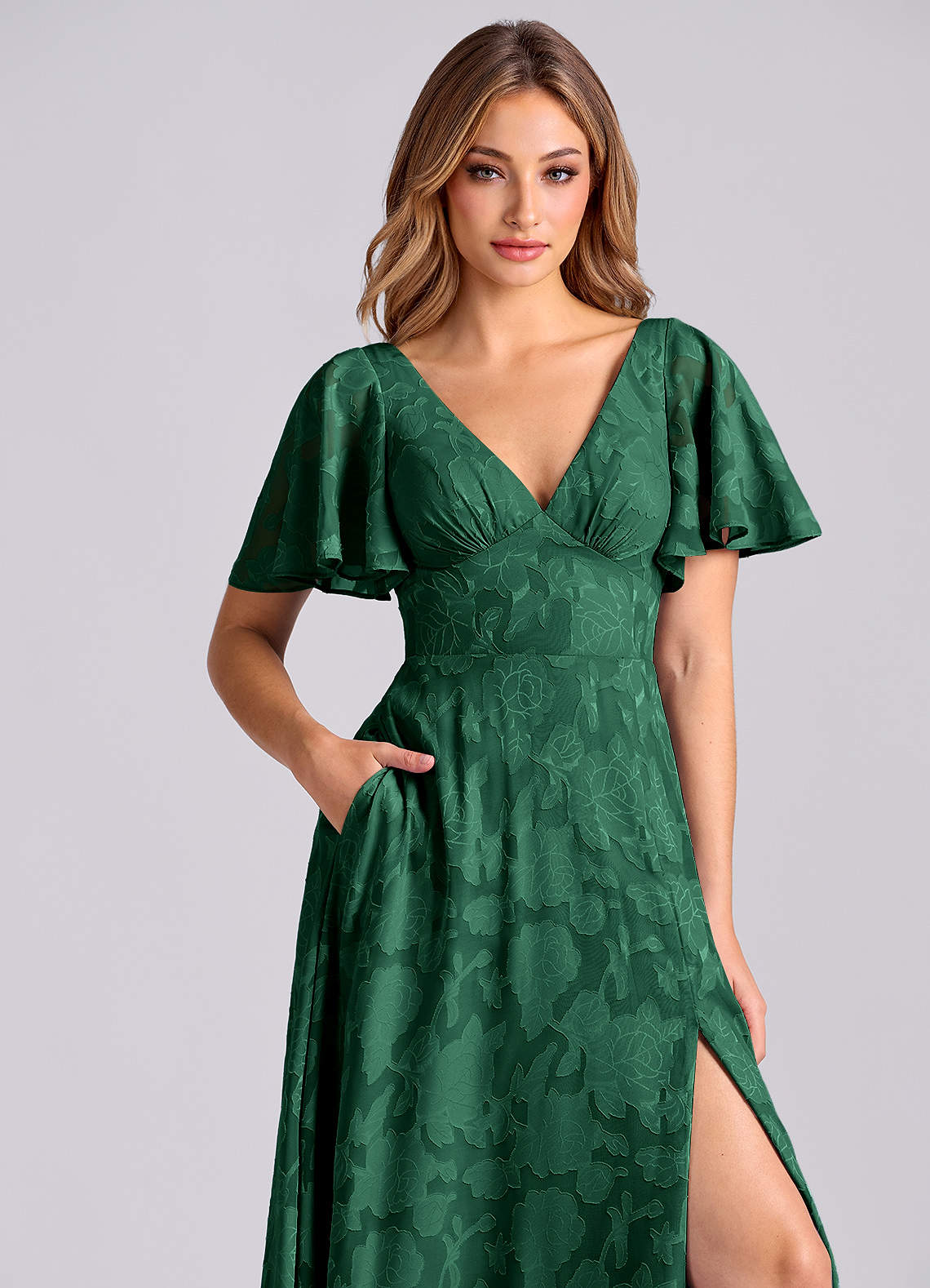 Azazie Kimber Bridesmaid Dresses Dark Green A-Line with Pockets Floral Burnout Dress image8
