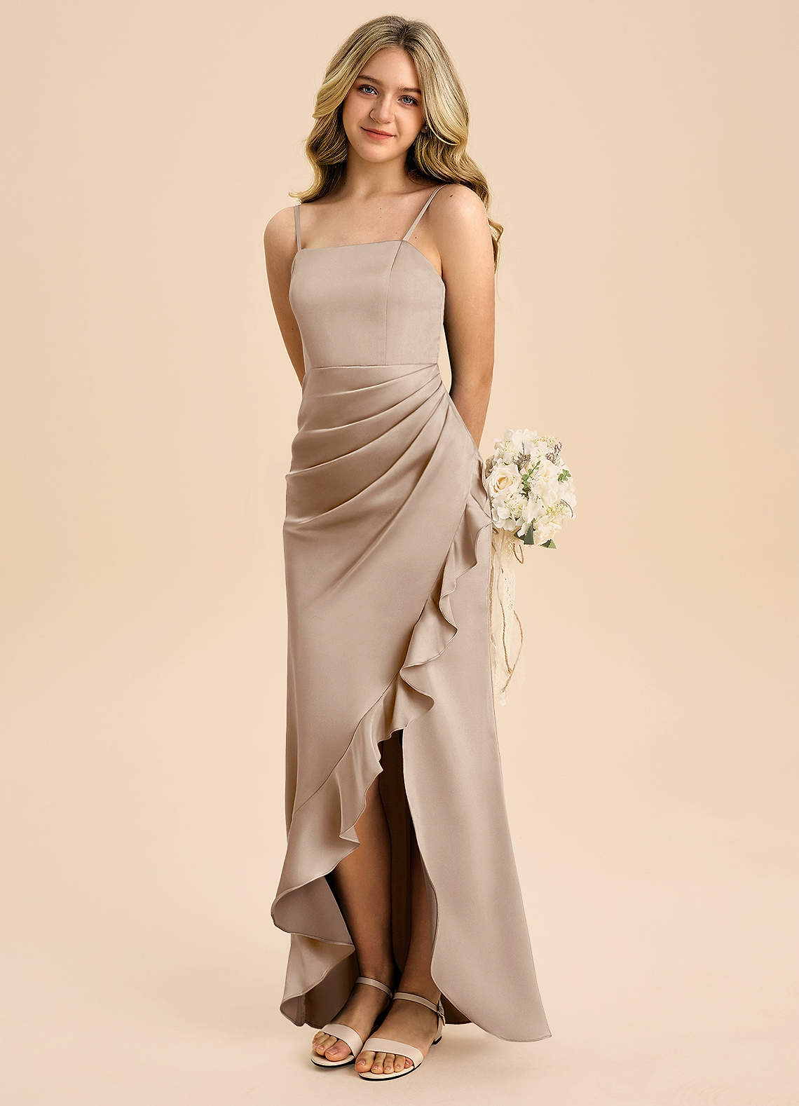 satin junior bridesmaid dresses Sleeveless Dresses, Champagne Now available in our Junior Collection Spaghetti Strap Junior Bridesmaid Dresses