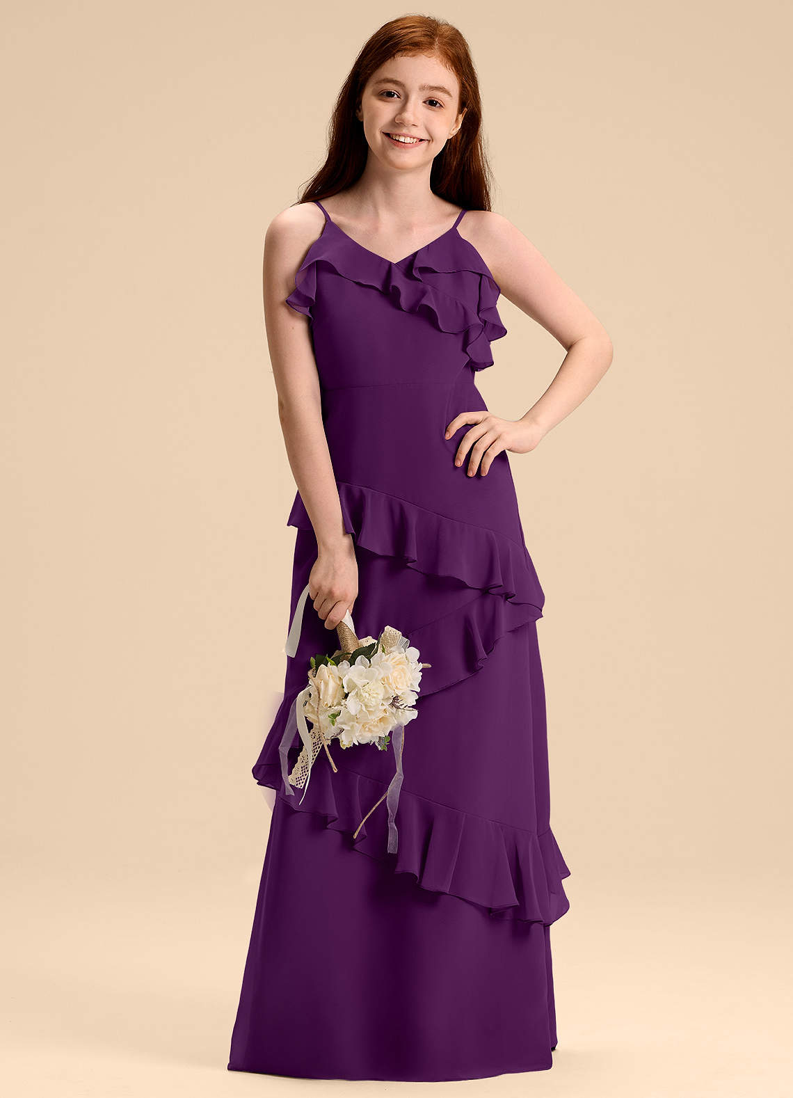 Azazie Evara Junior Abito A-Line in Chiffon Uva image1