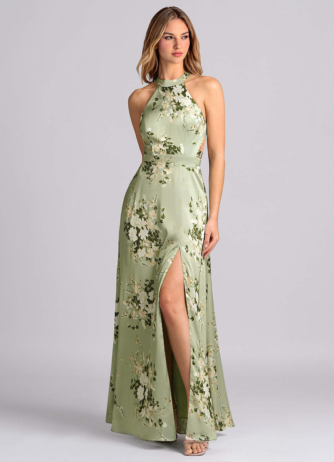 Azazie Clarice Probar vestidos en casa Vestido de Agave de Satén Elástico de Corte en A con Cuello Alto image3