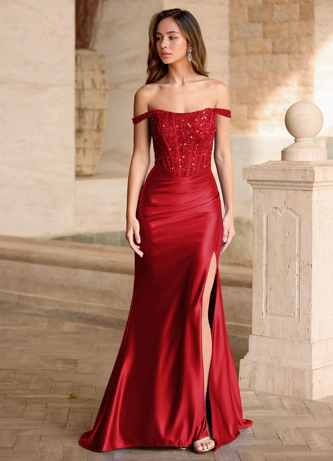 Valeria Red Velvet Sequins Corset Satin Prom Dress | Azazie