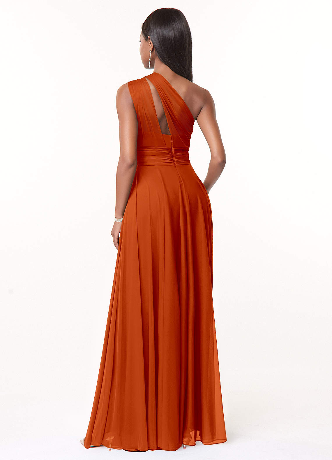 Azazie Charlize Bridesmaid Dresses Paprika A-Line One Shoulder Mesh Dress image1