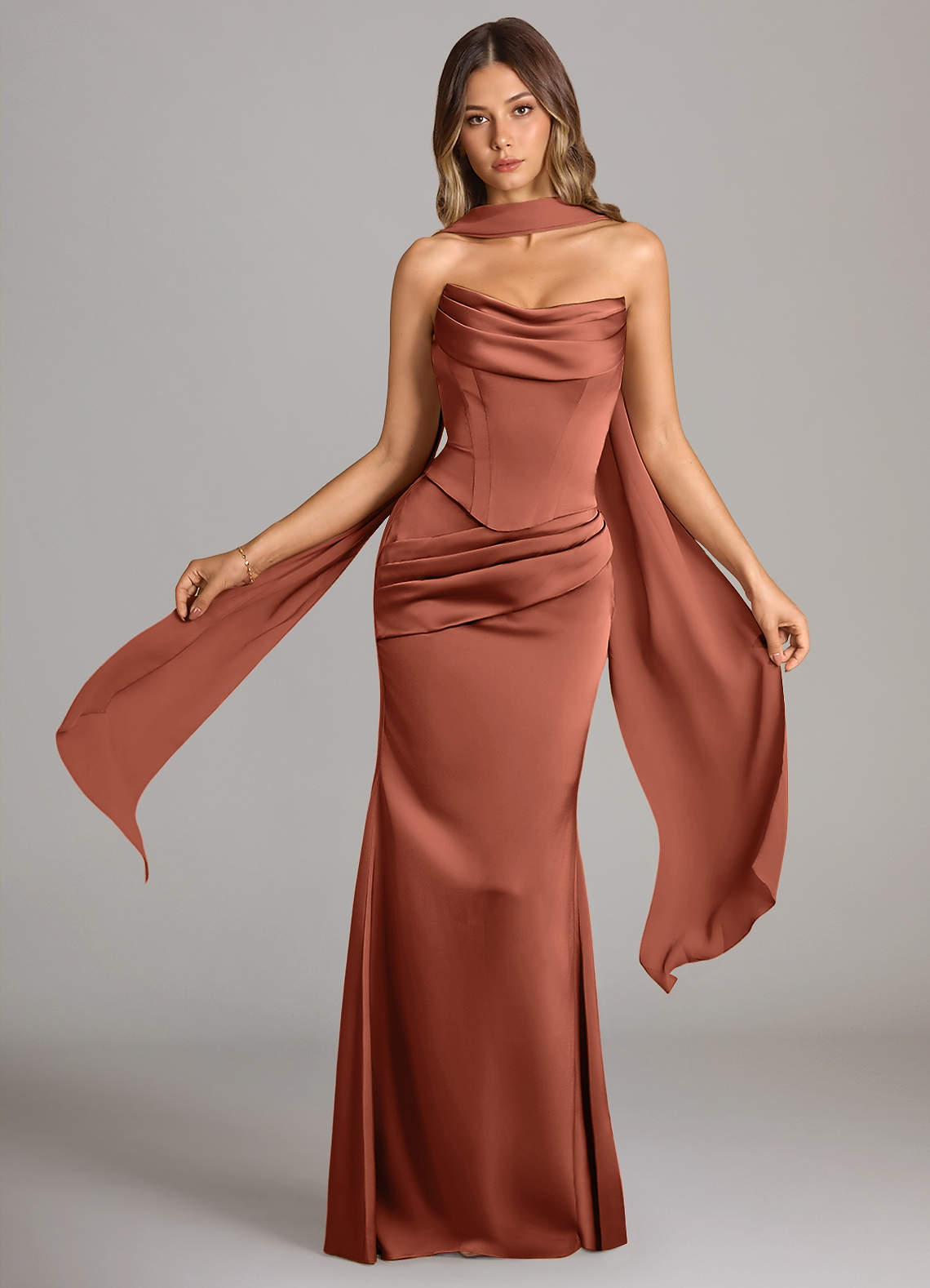 Azazie Sorrel Bridesmaid Dresses Clay Mermaid Strapless Stretch Satin Convertible Dress image1