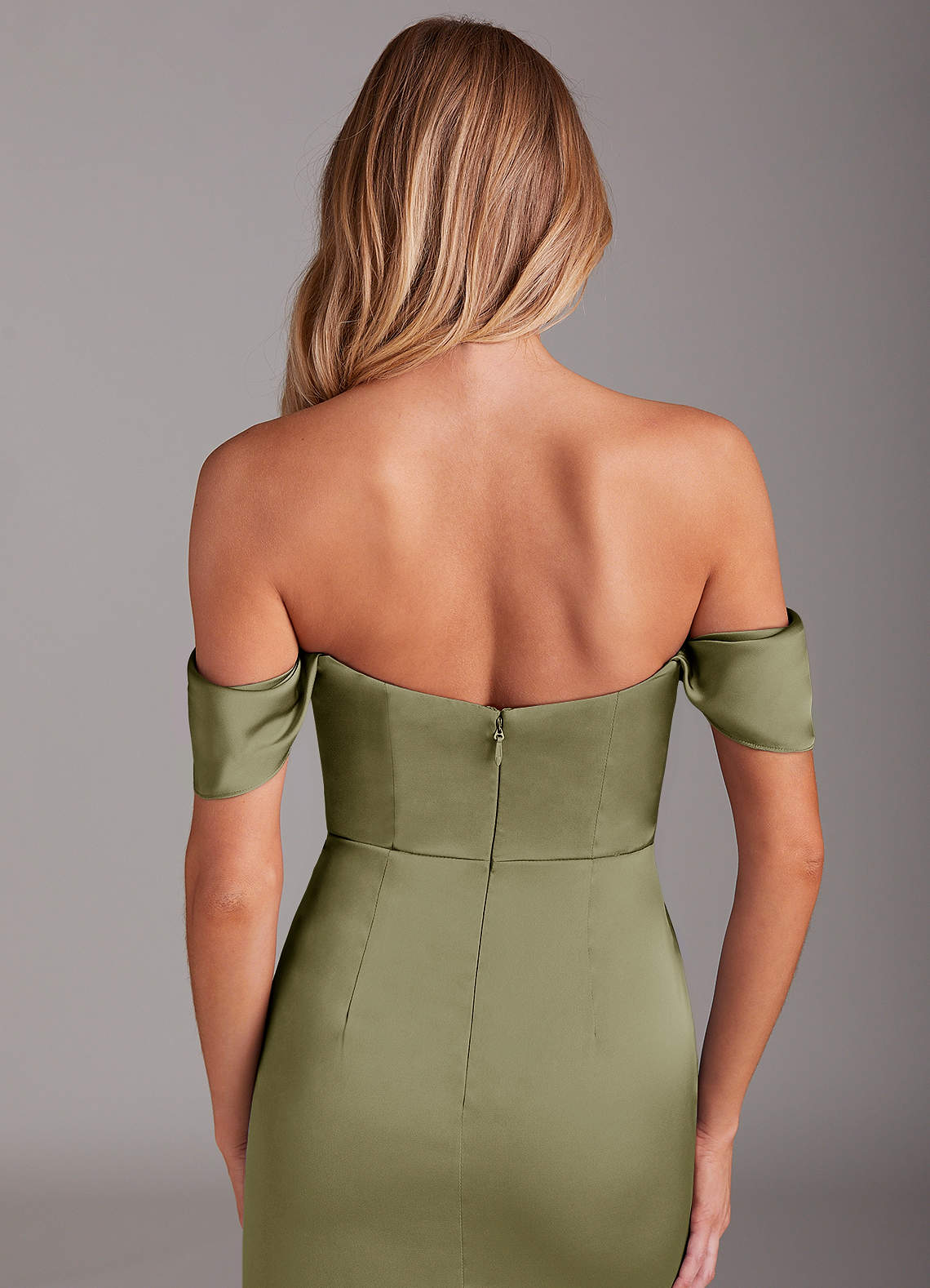 Azazie Saige Bridesmaid Dresses Pistachio Sheath Off the Shoulder Stretch Satin Dress image8