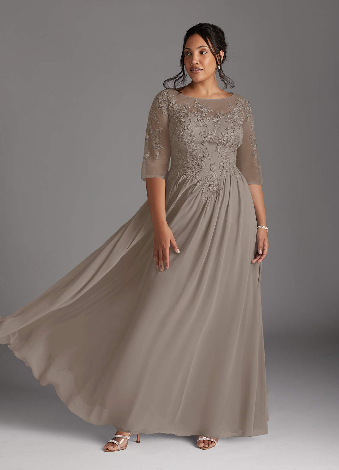 Azazie Mirielle Kleider für die Brautmutter A-Linie Schaufel Spitze Chiffon Kleid Taupe image1