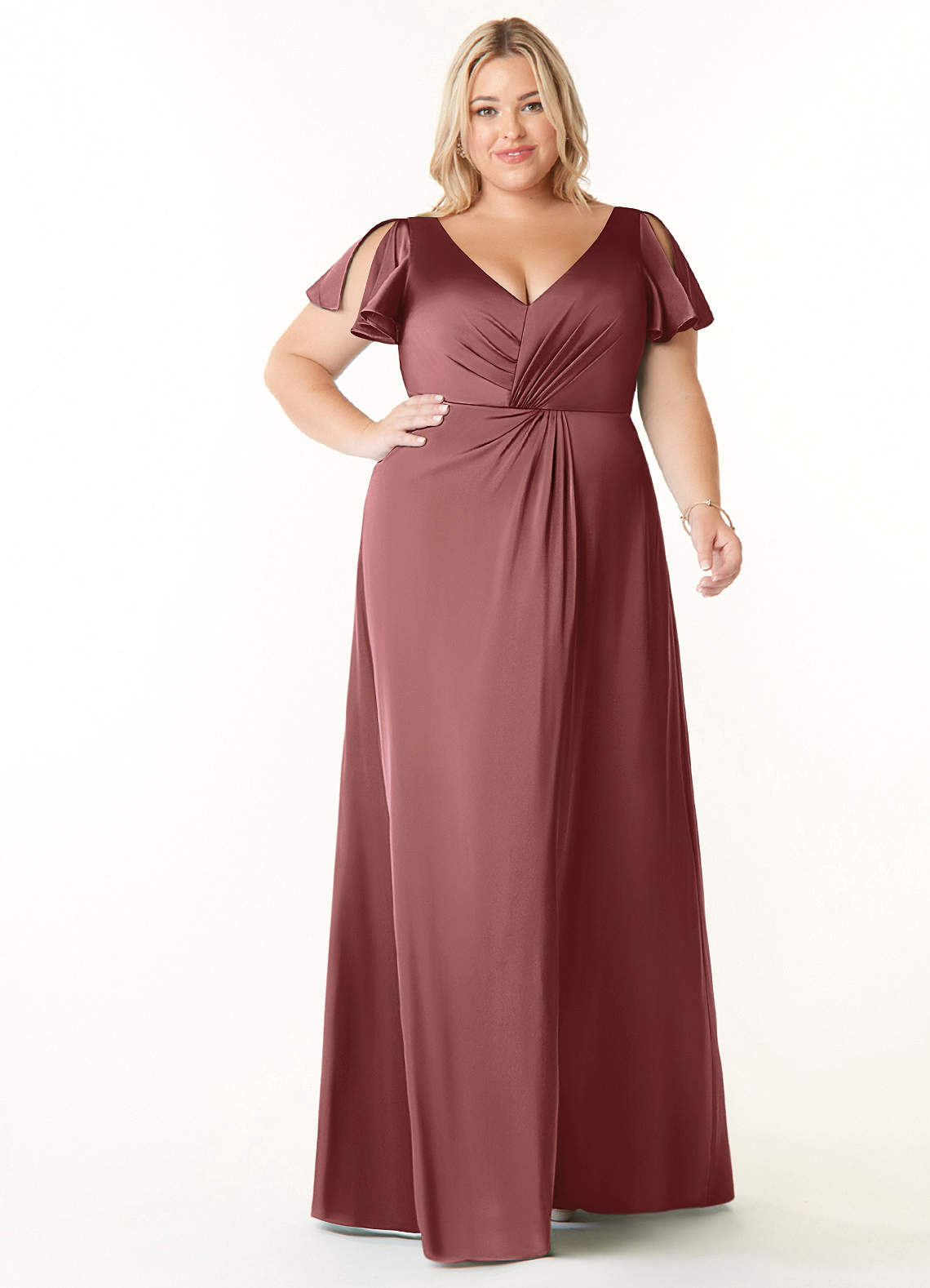 Azazie Soren Bridesmaid Dresses Amethyst A-Line Pleated Stretch Satin Dress image1