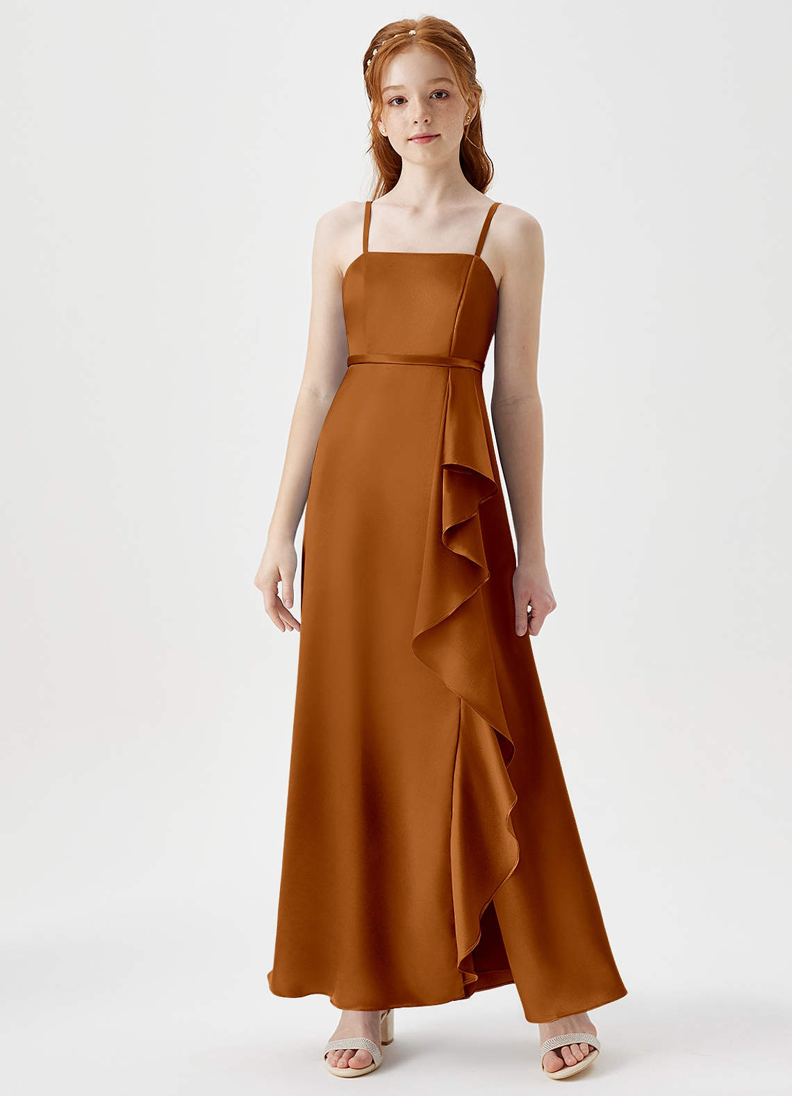 Azazie Kaylee Junior Copper A-Line with Belt Metallic Satin Dress image1
