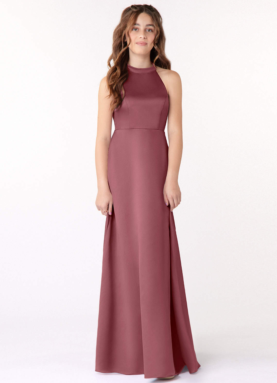 Azazie Laurel Junior Desert Rose A-Line Stretch Satin Dress image1