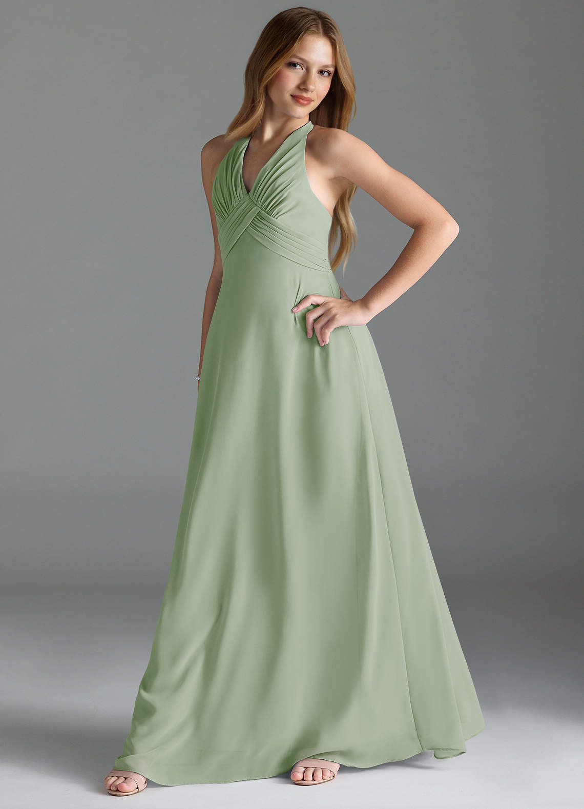 Azazie Tessie Junior Dusty Sage A-Line Pleated Chiffon Dress image2