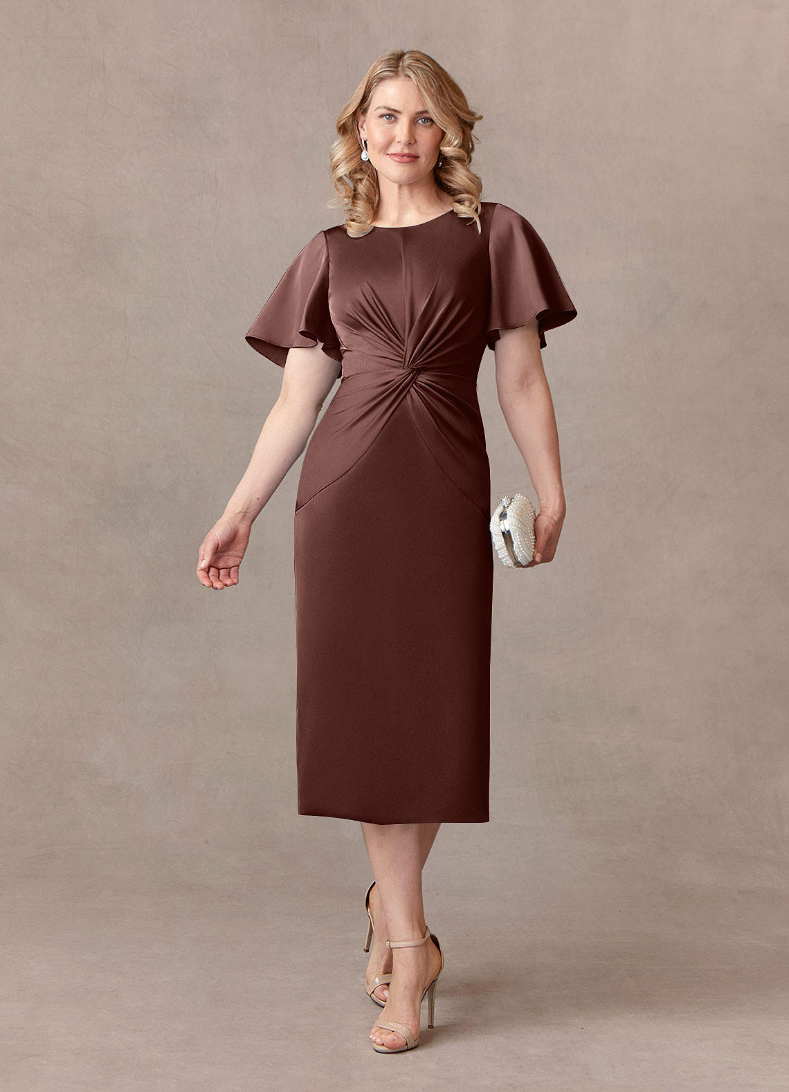 Azazie Everlyn Mother of the Bride Dresses Espresso Sheath Pleated Stretch Satin Dress image1