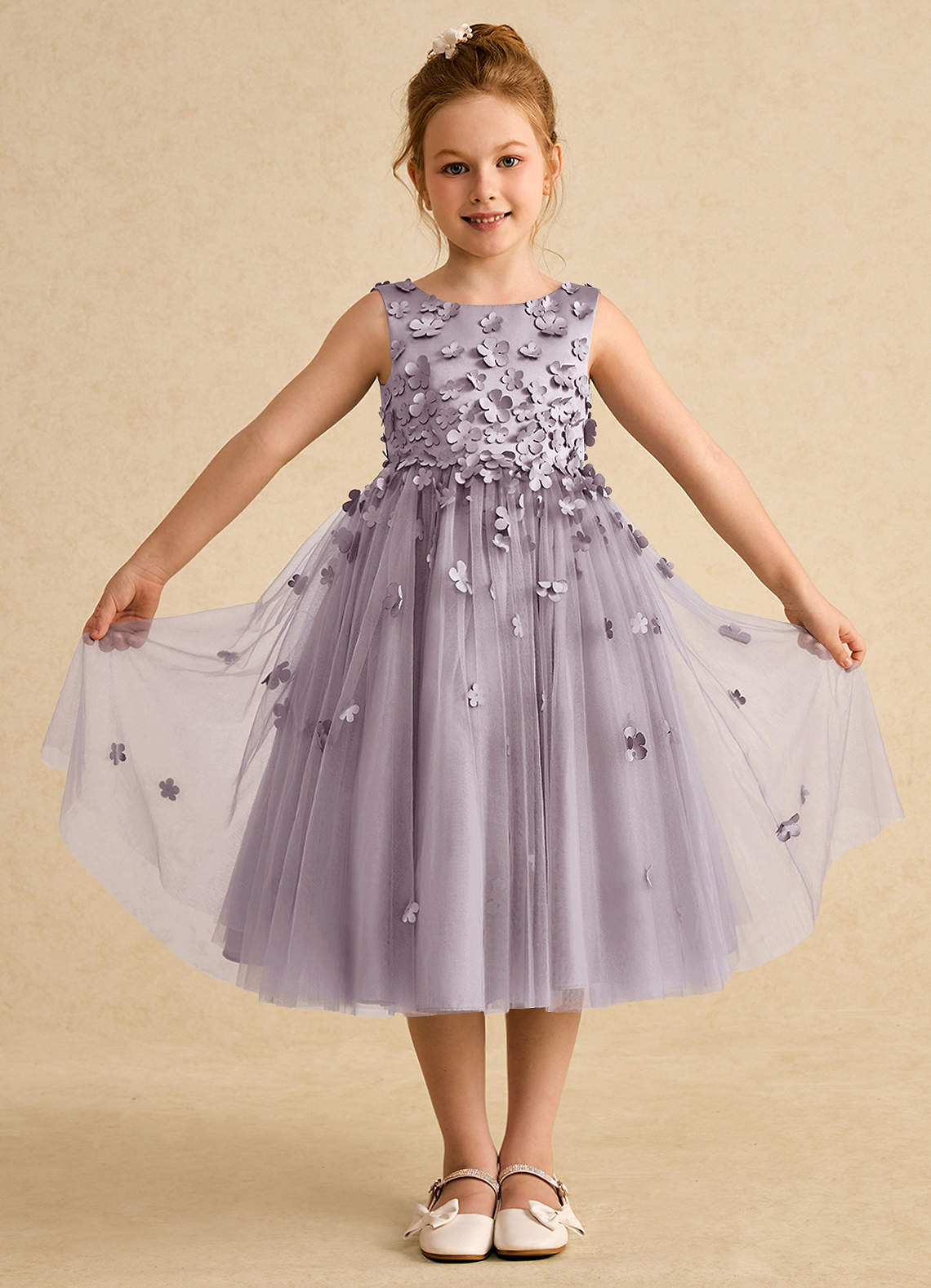 Azazie Lana Blumenmädchenkleider A-Linie ärmellos Matte Satin Kleid Dämmerung image1