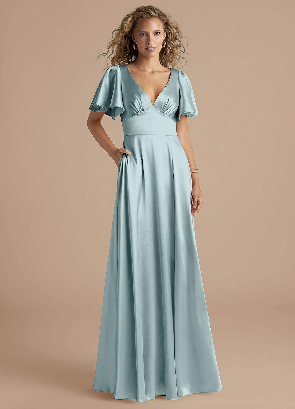 Azazie Kimber Bridesmaid Dresses Mist A-Line Ruched Metallic Satin Dress image1