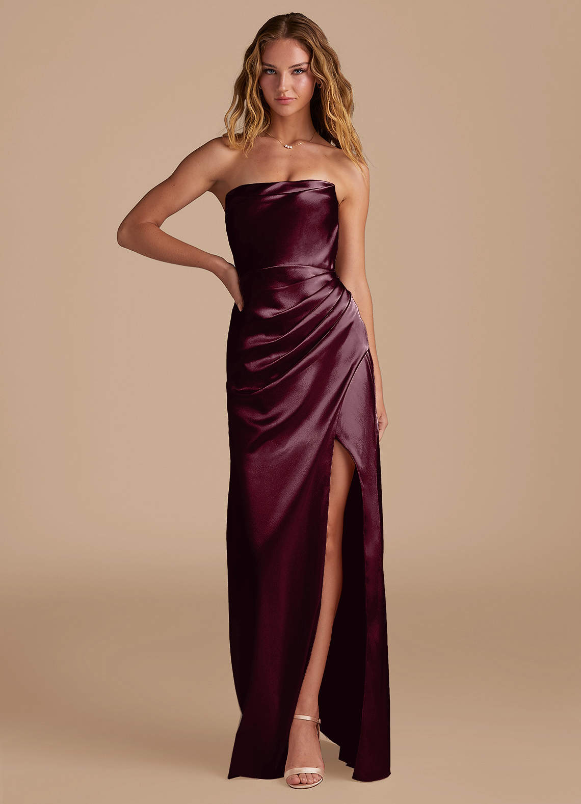 Azazie Leonis Bridesmaid Dresses Cabernet Mermaid Pleated Metallic Satin Convertible Dress image1