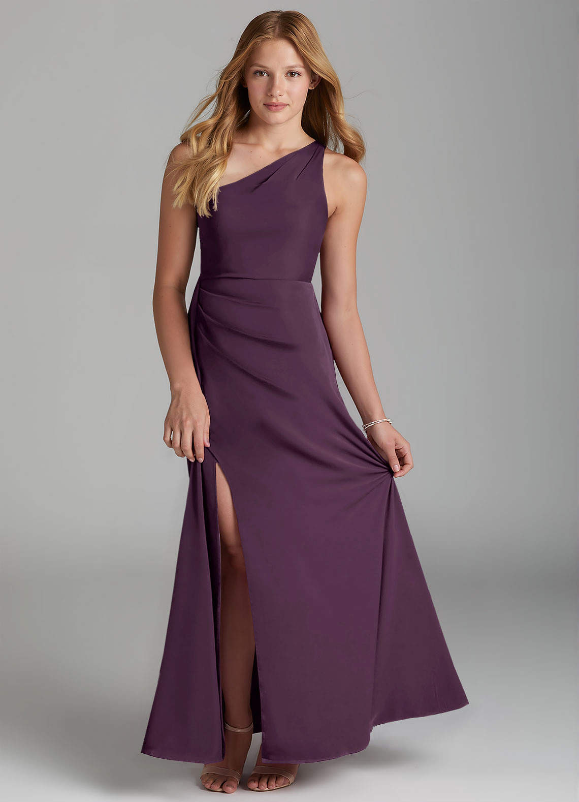 Azazie Maron Junior Plum A-Line Pleated Stretch Satin Dress image1