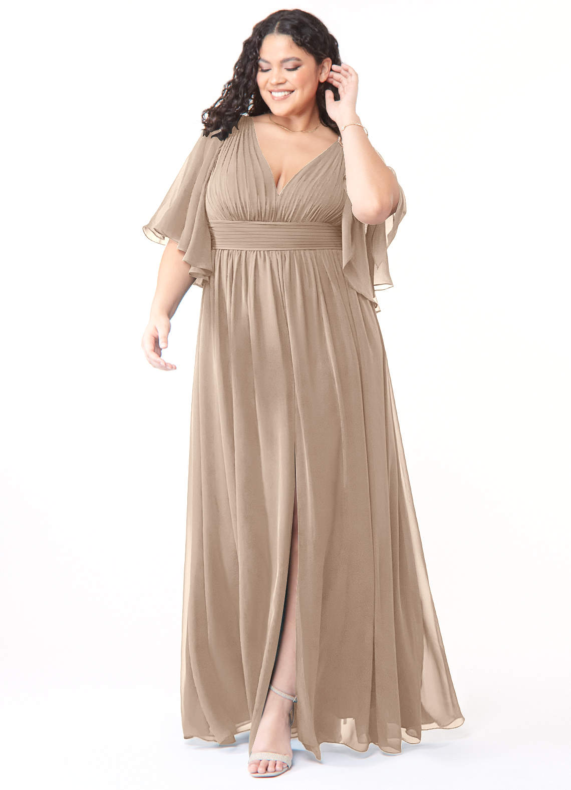 Azazie Temeka Robes de demoiselle d'honneur Robe Trapèze en Mousseline de soie Rayé Taupe image1