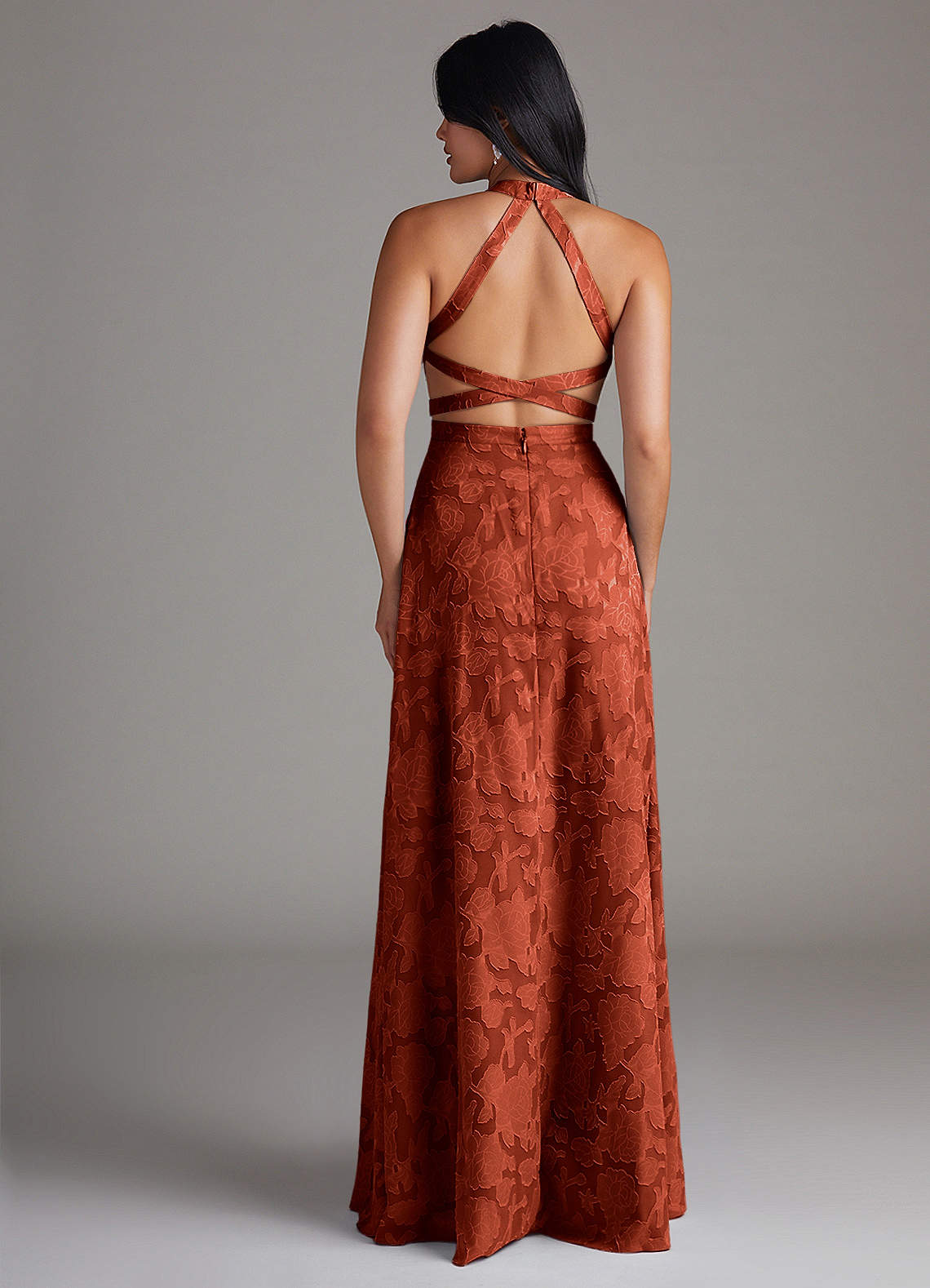 Azazie Clarice Bridesmaid Dresses Auburn A-Line Side Slit Floral Burnout Dress image1