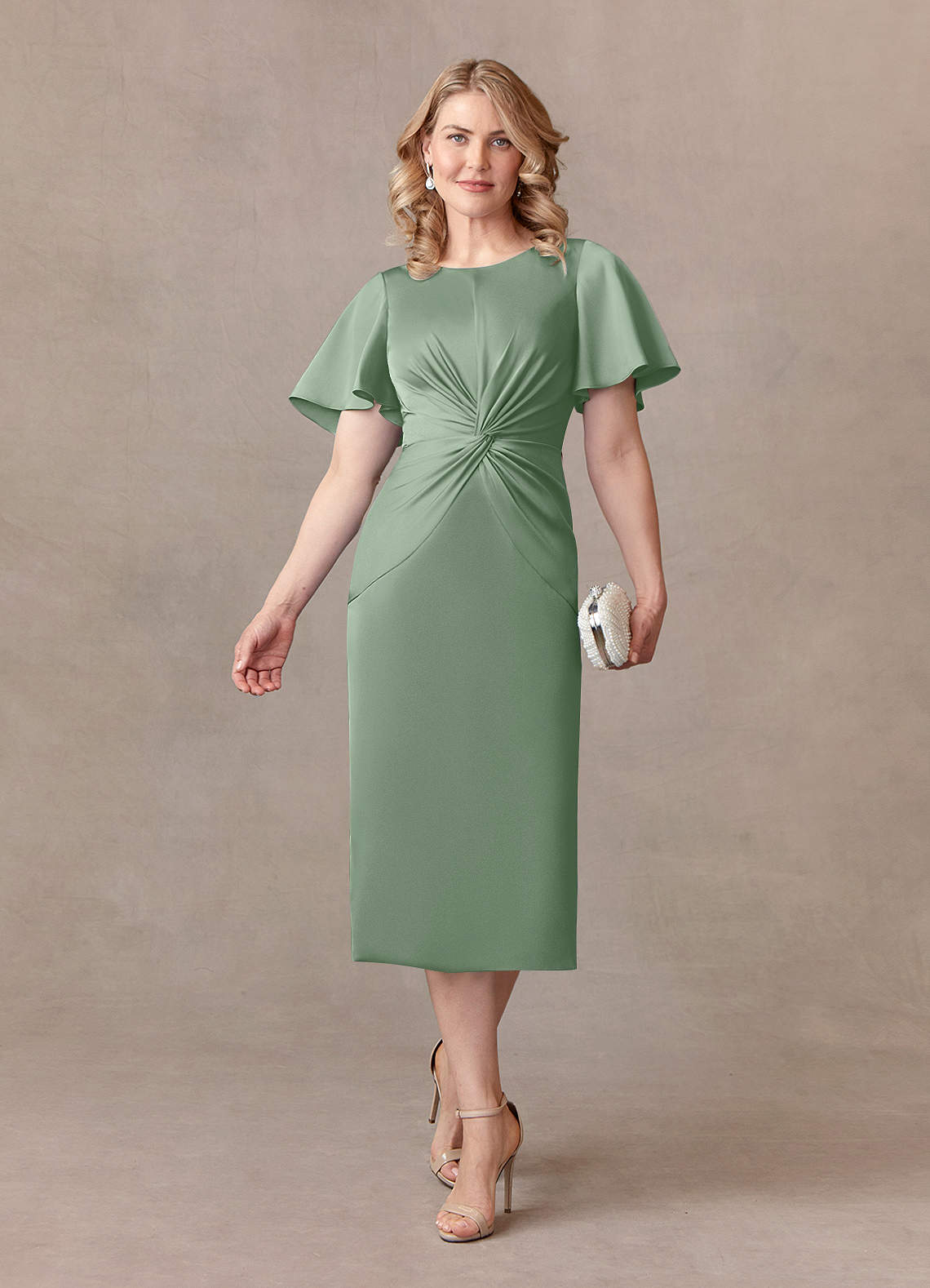Azazie Everlyn Mother of the Bride Dresses Matcha Sheath Pleated Stretch Satin Dress image1