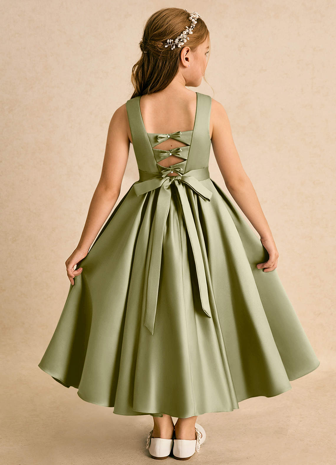 Azazie Junebuj Flower Girl Dresses Moss Green Ball-Gown Pleated Matte Satin Dress image1