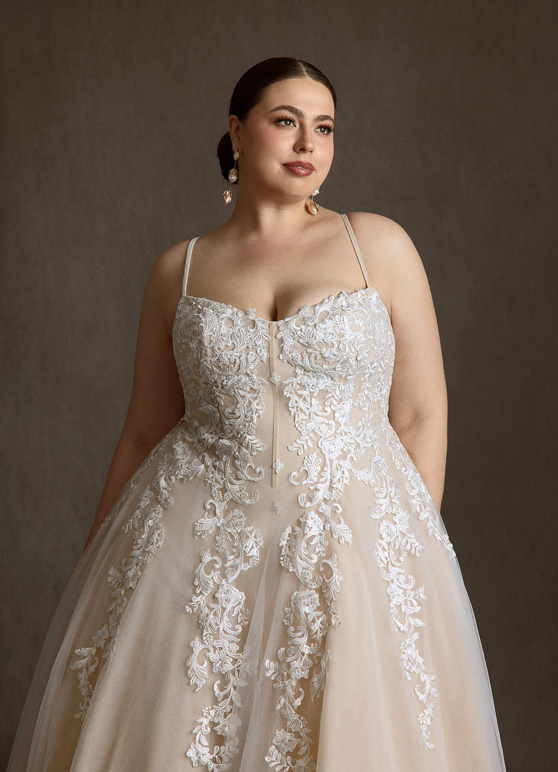 Azazie Sonnet At-home Try On Dresses Diamond White Champagne Ball-Gown Strapless Lace Dress image14