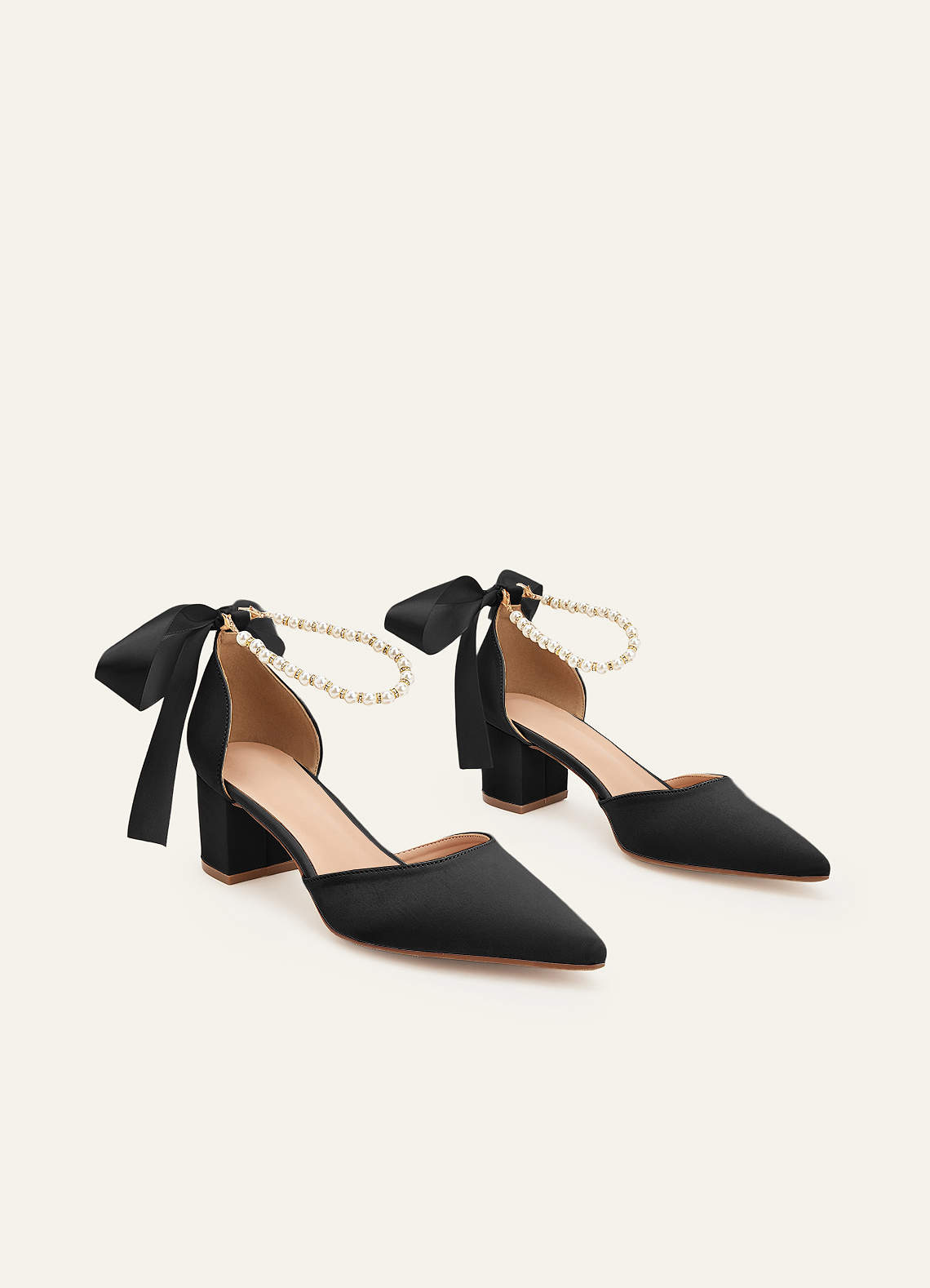 front Matching Color Matte Satin Pearl and Bow Pointed Toe Block Heels & Beaded Clutch Set