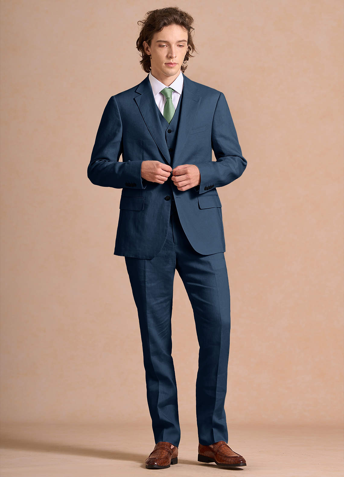 front Harrison 다크 네이비 100% 린넨 쓰리피스 정장