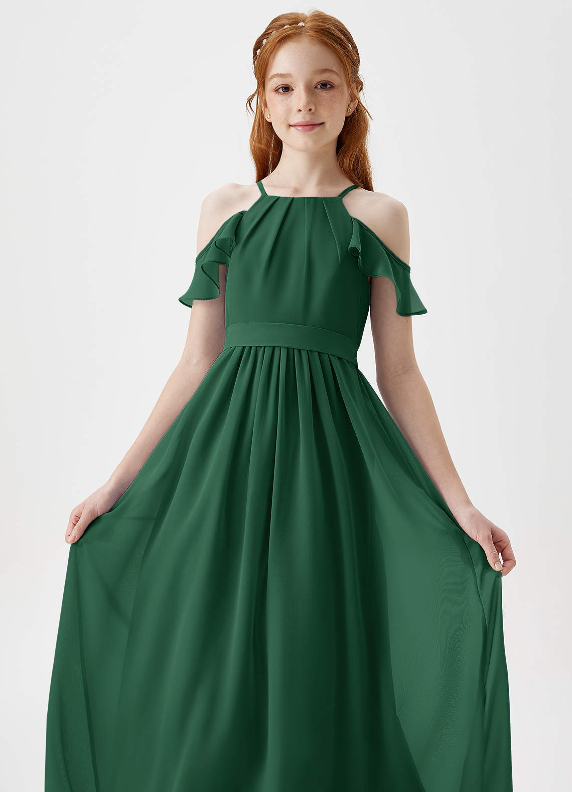Azazie Chaya Junior Dark Green A-Line Off the Shoulder Chiffon Dress image1