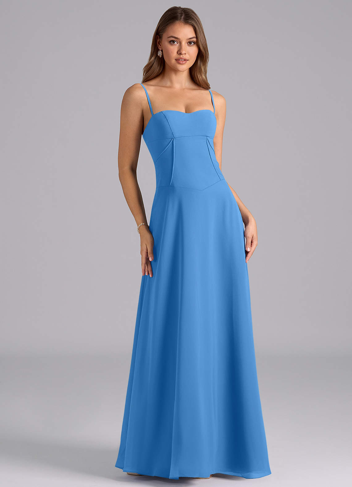 Azazie Valentine Vestidos de damas de honor Vestido de Azul Grisaceo de Gasa de Corte en A con Corsé image1