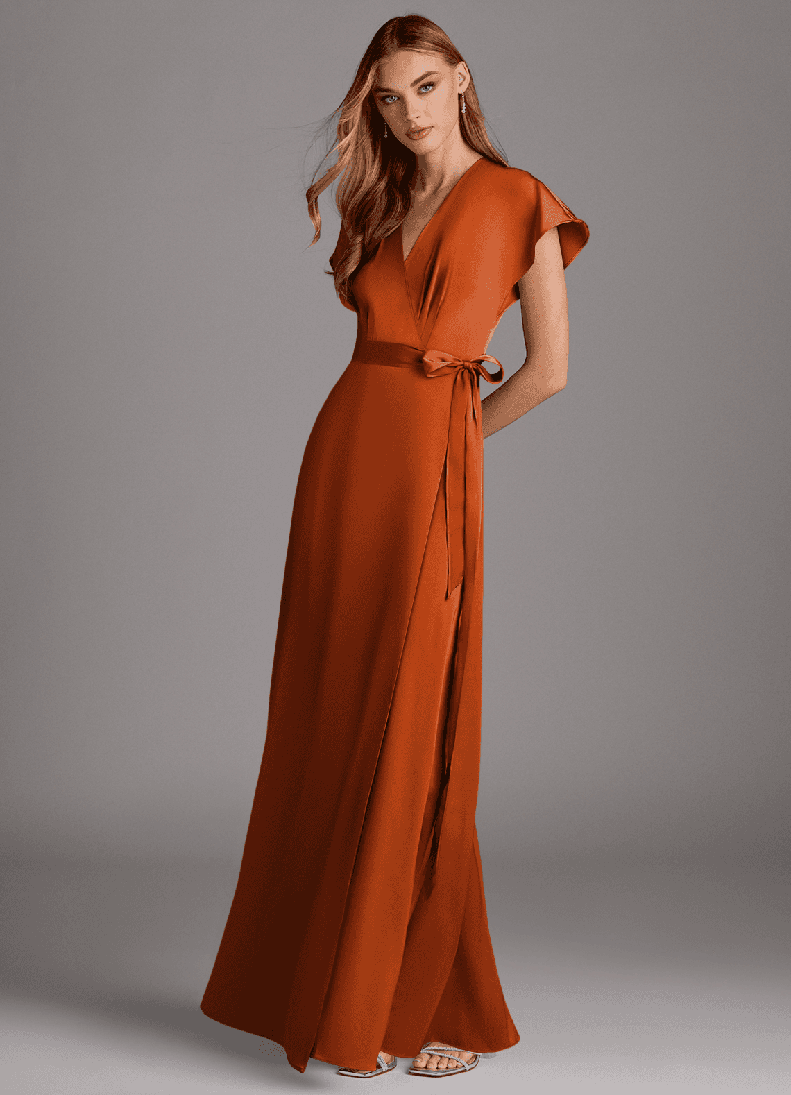 open lace back dress Florence Wrap Bridesmaids Dress In Burnt Orange Satin main image 1