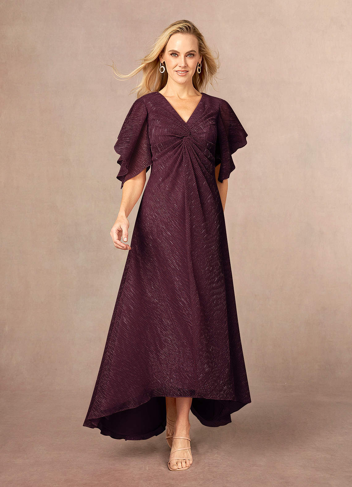 Azazie Mollina Mother of the Bride Dresses Berry A-Line Ruffle Flutter Sleeve Metallic Mesh Dress image1