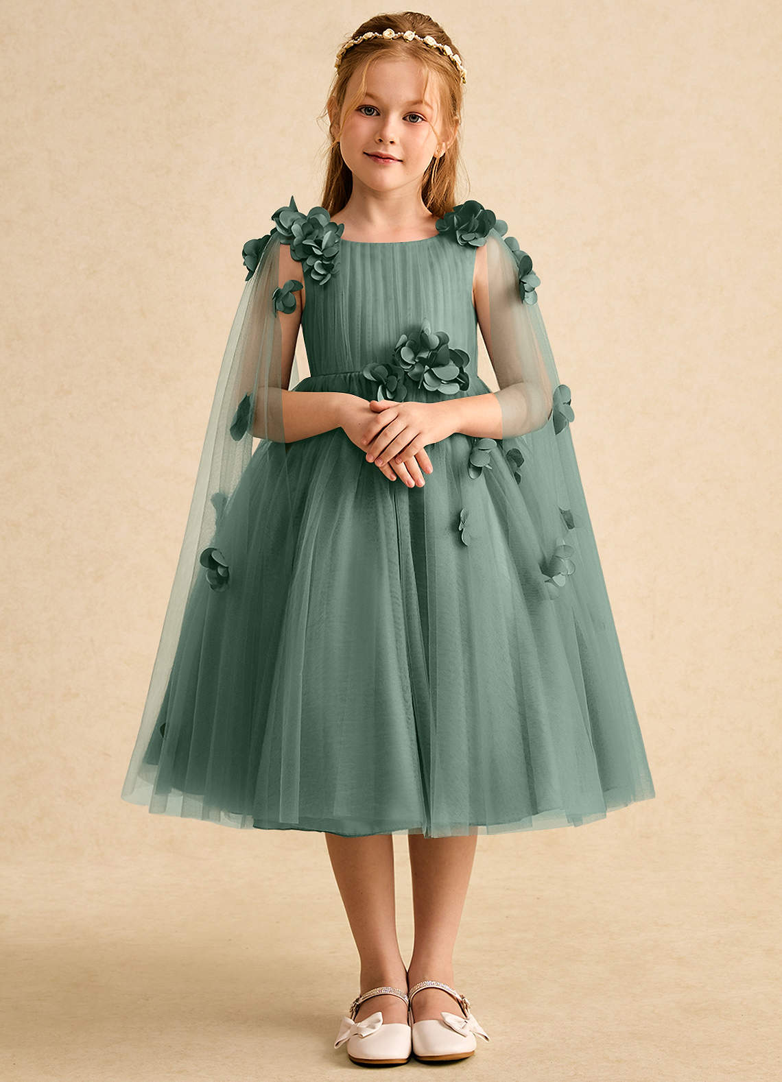 Azazie Staria Abiti da Ragazza di Fiori Abito Principessa in Tulle Increspato Eucalipto image1