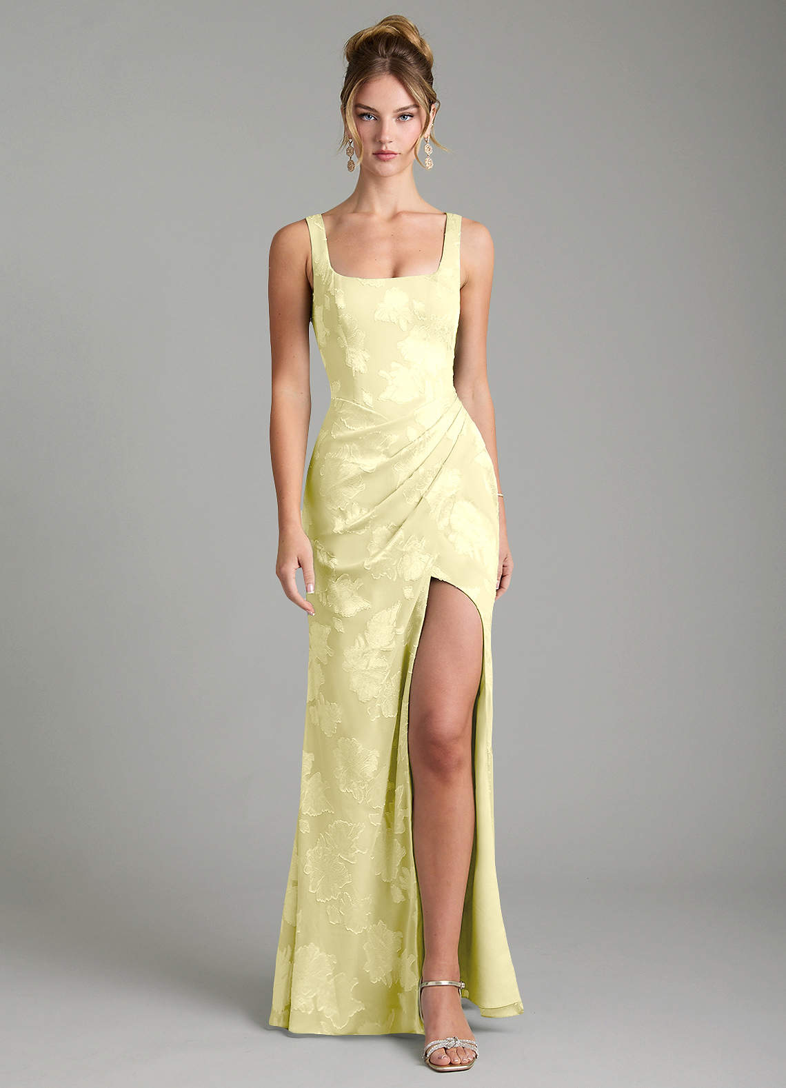 yellow gray bridesmaid dresses Azazie Mero Lemon Sorbet Floral Jacquard Burnout Castle Beautiful Woman In A Size:8X thick shoulder straps