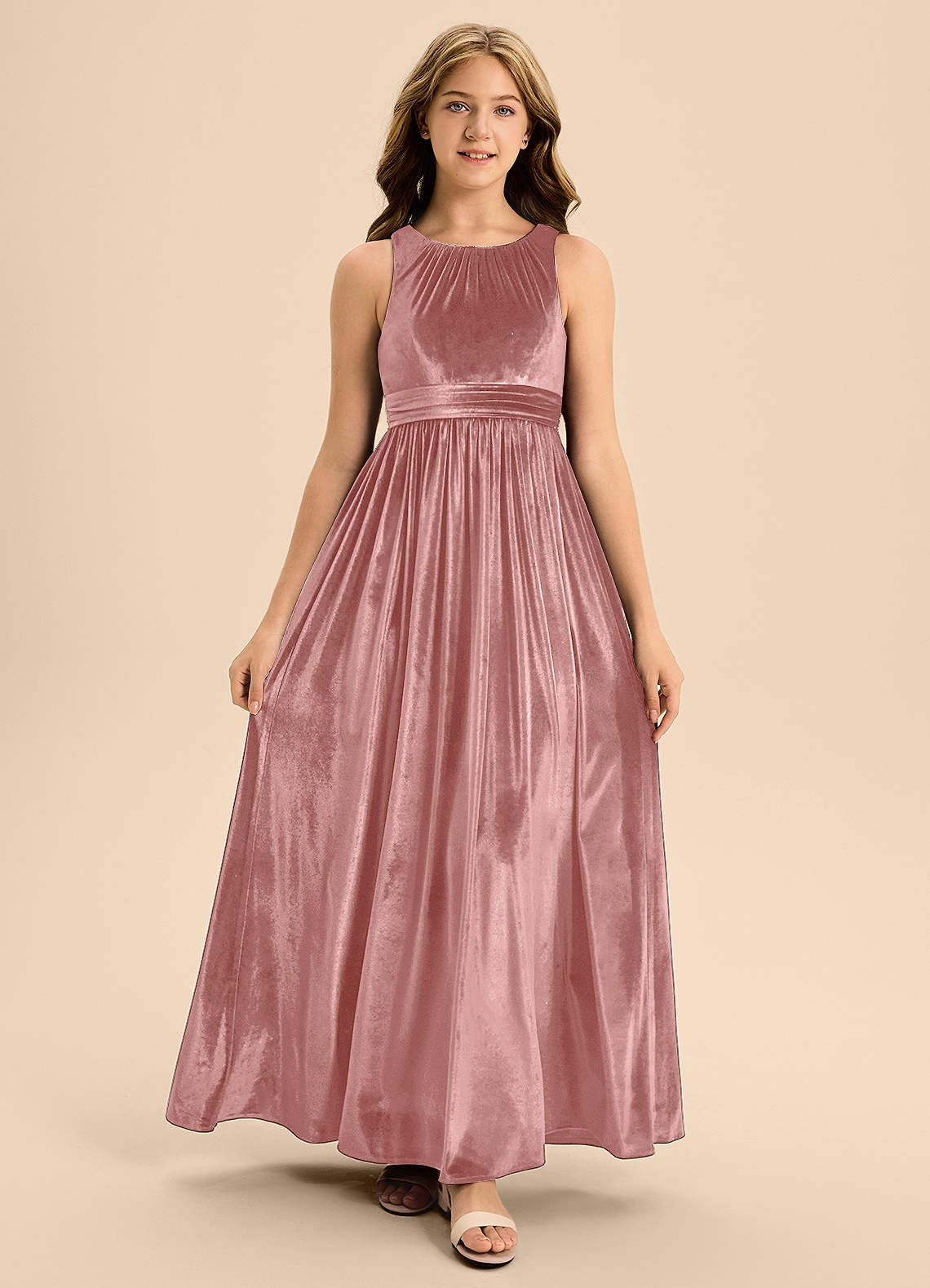 Azazie Jaylah Junior Dusty Rose A-Line Pleated Velvet Dress image1