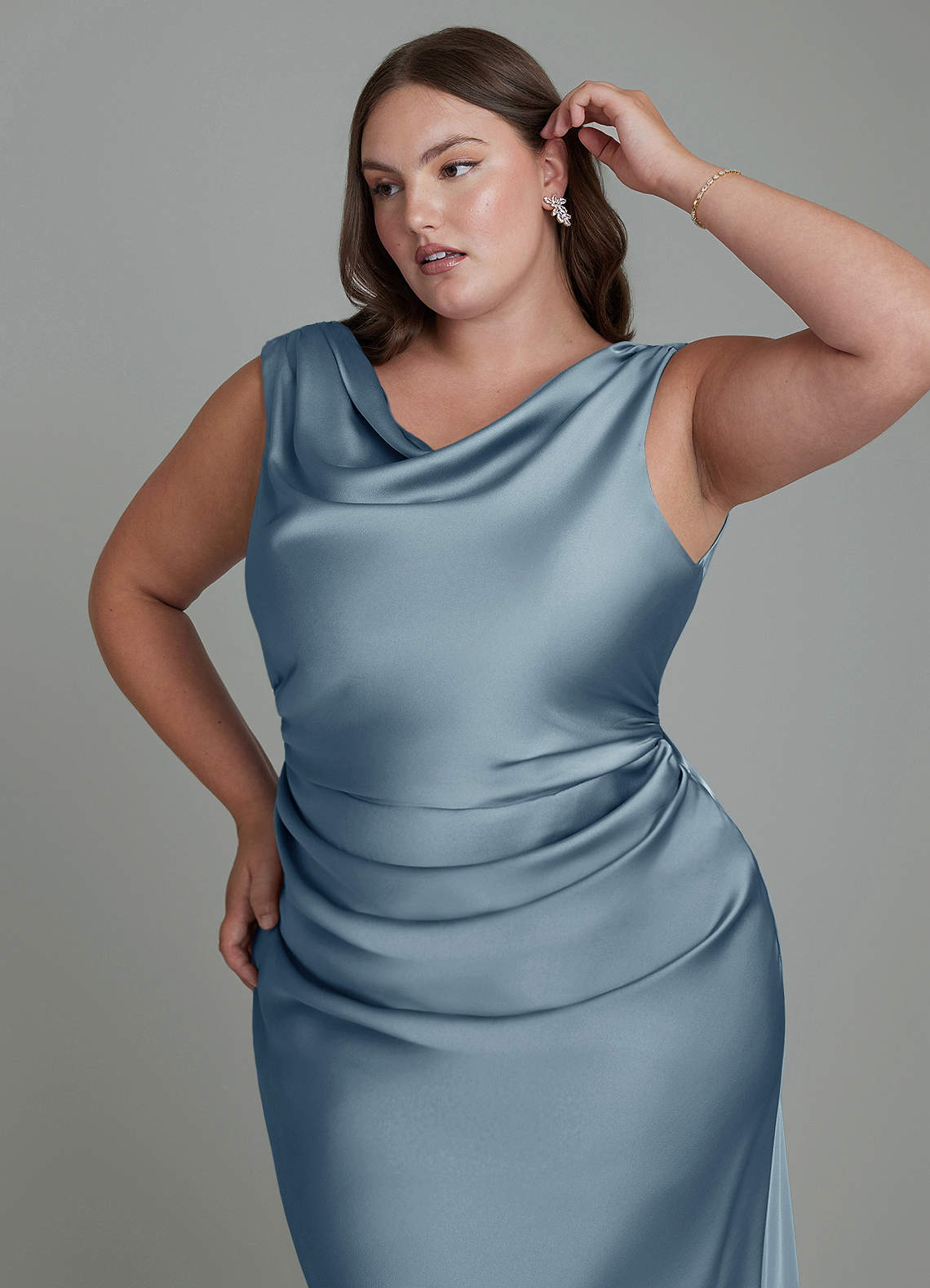 Azazie Kieryn Bridesmaid Dresses Dusty Blue Mermaid Pleated Stretch Satin Dress image11