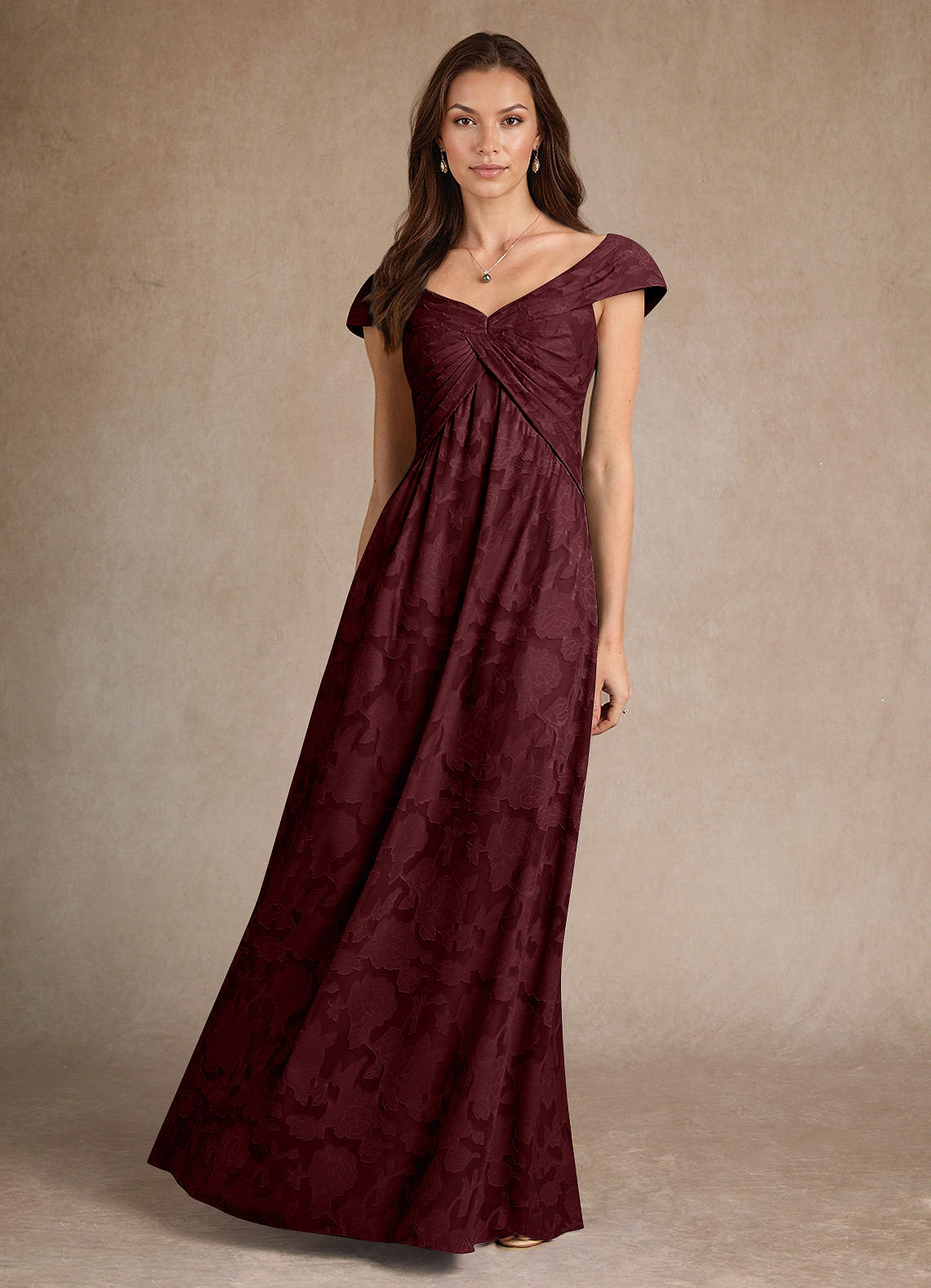 Azazie Myrtle Cabernet A-Line Pleated Floral Burnout Dress Ready